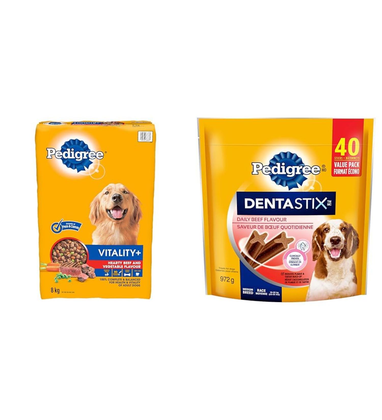 PEDIGREE VITALITY+ Adult Dry Dog Food Hearty Beef and Vegetable 8kg Bag & DENTASTIX Oral Care Adult Dog Treats for Medium Dogs - Beef 40 Sticks - Buy Online on GoSupps.com