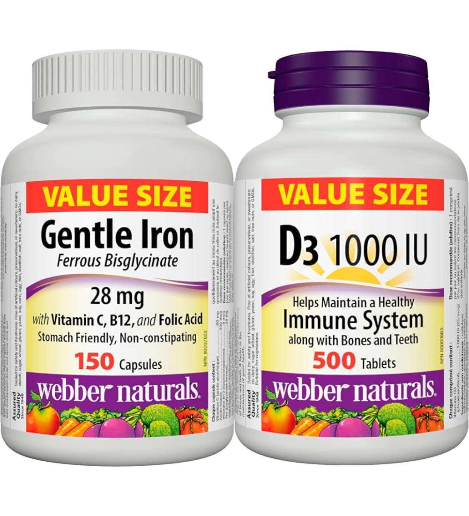 Webber Naturals Gentle Iron Supplement + Vitamin D3 1000 IU Bundle Nutritional Supplement + Vitamin D3 - Buy Online on GoSupps.com