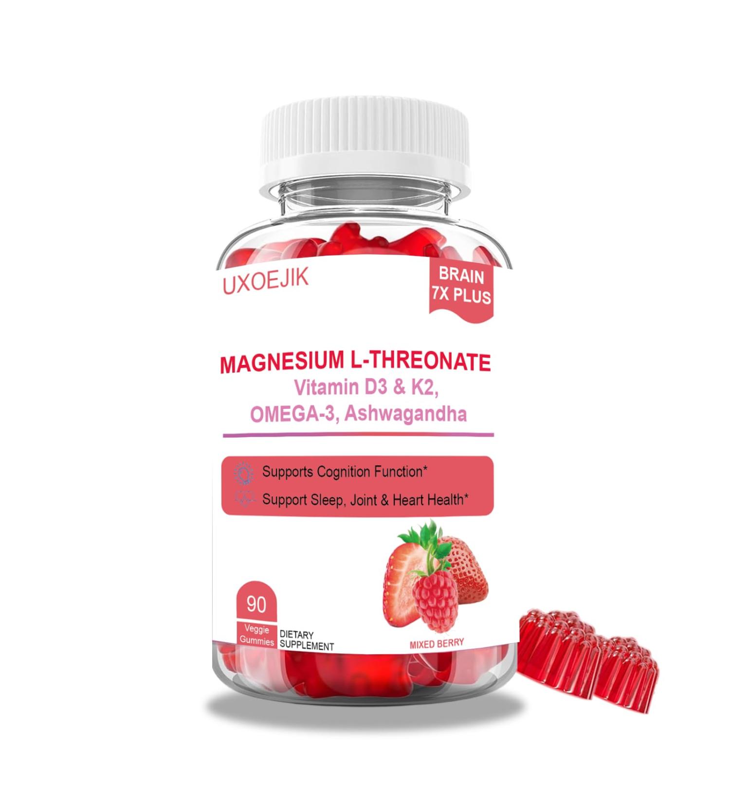 UXOEJIK Magnesium L-Threonate Gummies - with Vitamin D K2 & Omega-3 Fish Oil - Brain Health Memory and Muscle Support - Vegan Non-GMO Natural Berry Flavor 90 Gummies - Buy Online on GoSupps.com