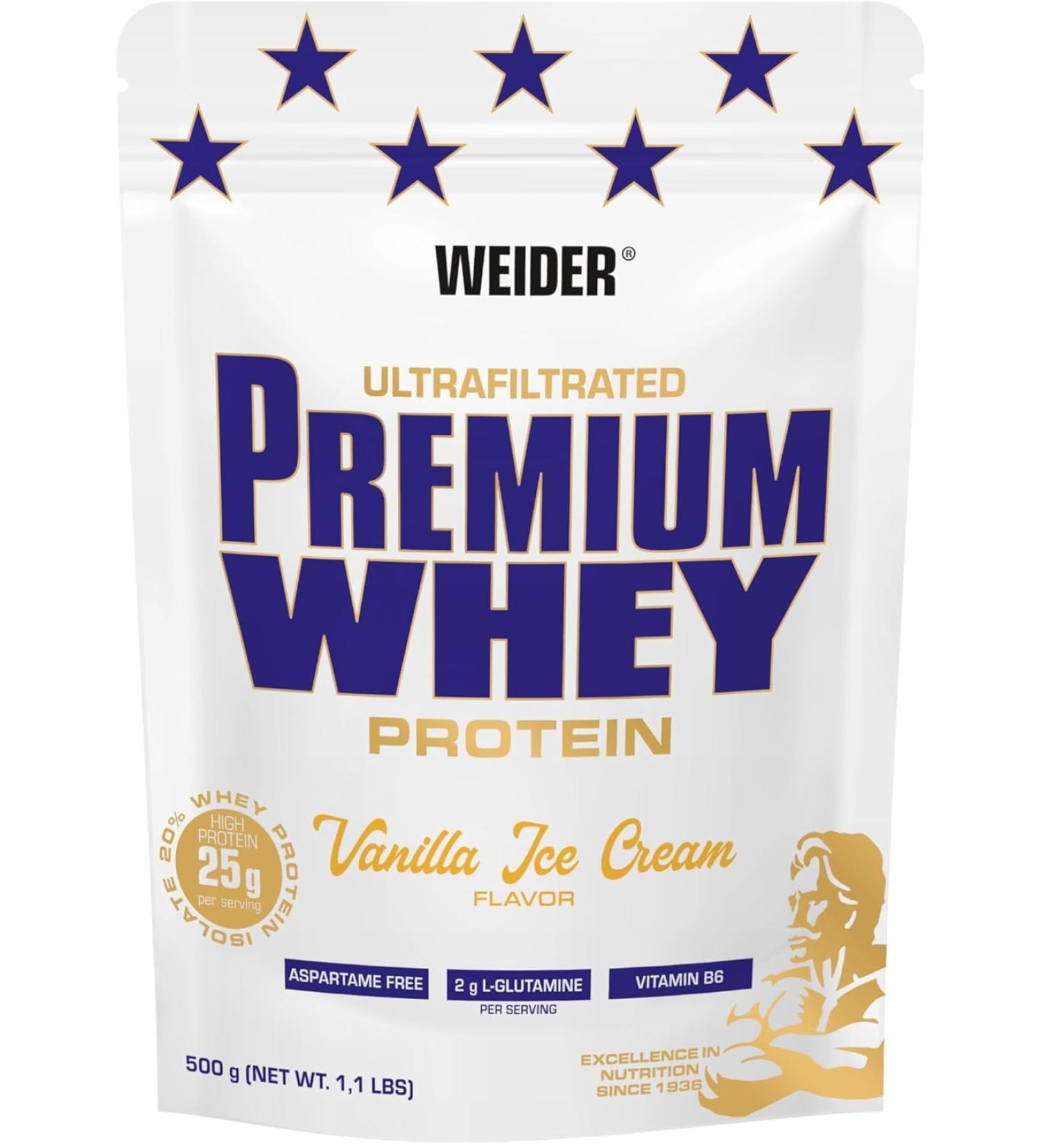 Weider Germany Weider Premium Whey Protein Powder high protein content low carbohydrates and low fat with Lglutamine and vitamin B6 500 g Vanilla Ice Cream Vanilla 16 Portions 1er Pack - Buy Online on GoSupps.com