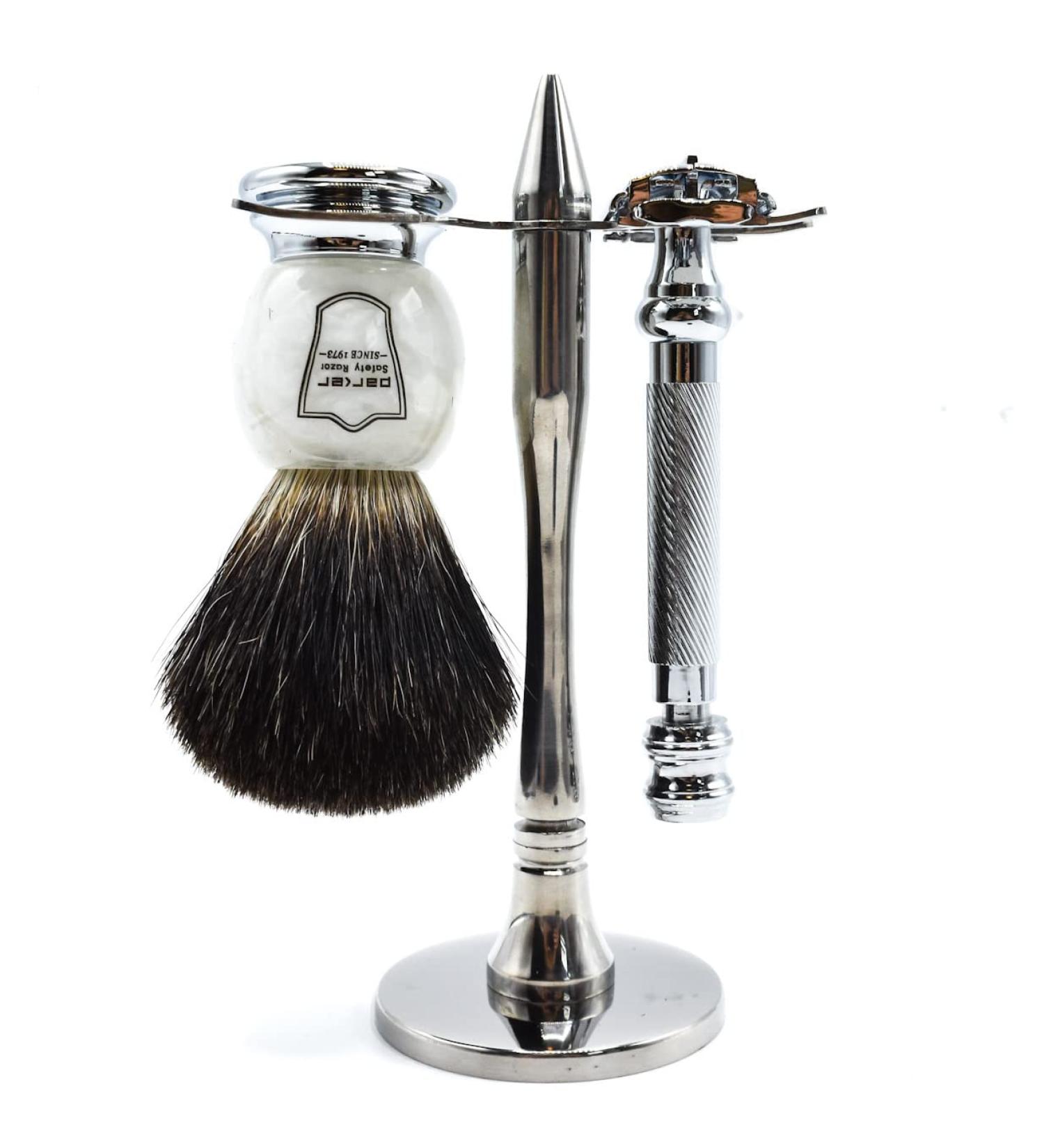 Parker 99R Shave Set - Premium Double Edge Razor Black Badger Brush Stainless Steel Stand & Blades - International Shipping Available - Buy Online on GoSupps.com