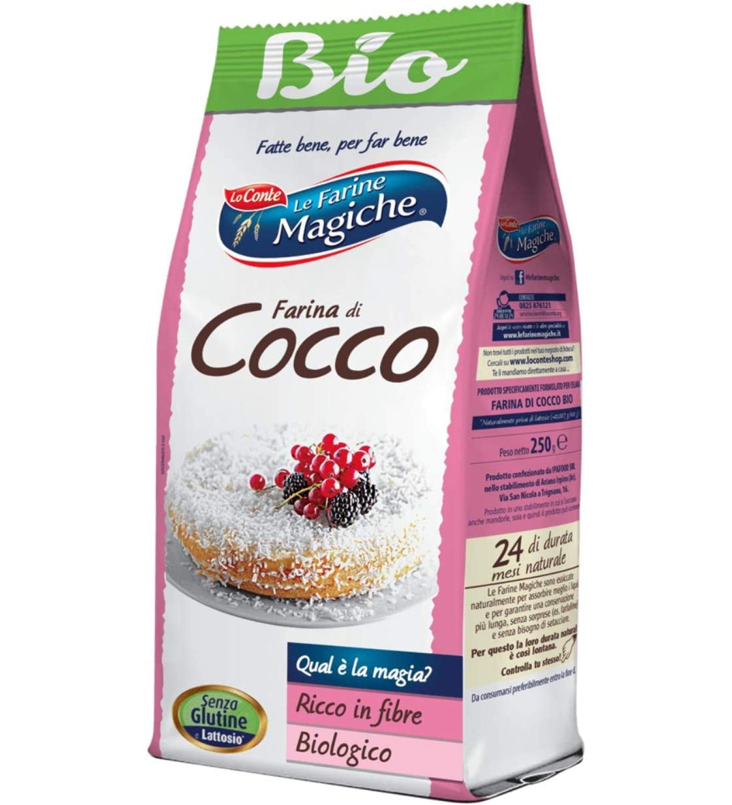 Lo Conte Le Farine Magiche Farina Cocco Grattugiato grated coconut flour glutenfree and vegan ideal for cakes muffins fruit salads pancakes pack of 250 g