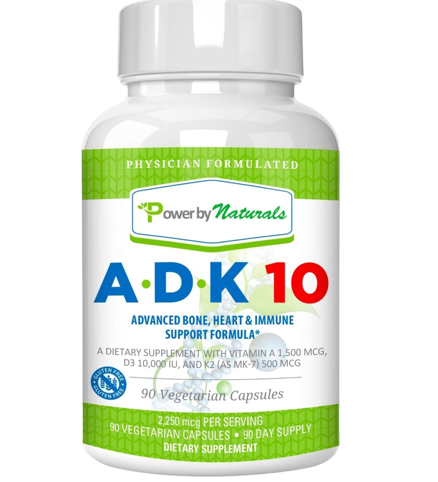 Power By Naturals ADK 10 - Vitamin A D3 10000 IU with K2 MK-7 Supplement - Bone, Heart, and Immune Health Booster - 90 Pills - Buy Online on GoSupps.com