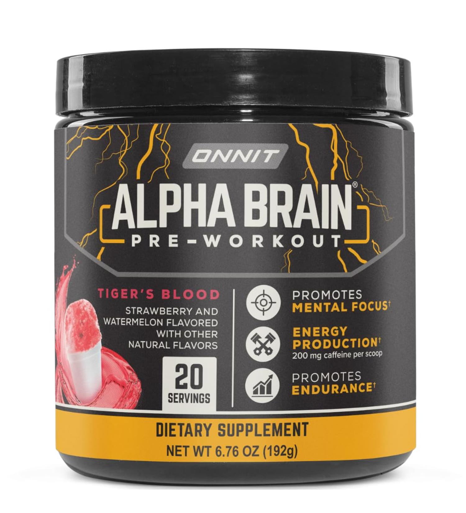ONNIT Alpha Brain Pre-Workout Powder IGEN Non-GMO Tested Tiger's Blood Flavor Pre-Workout Supplement for Women and Men Dietary Supplement 20 Servings per Tub 6.76 oz