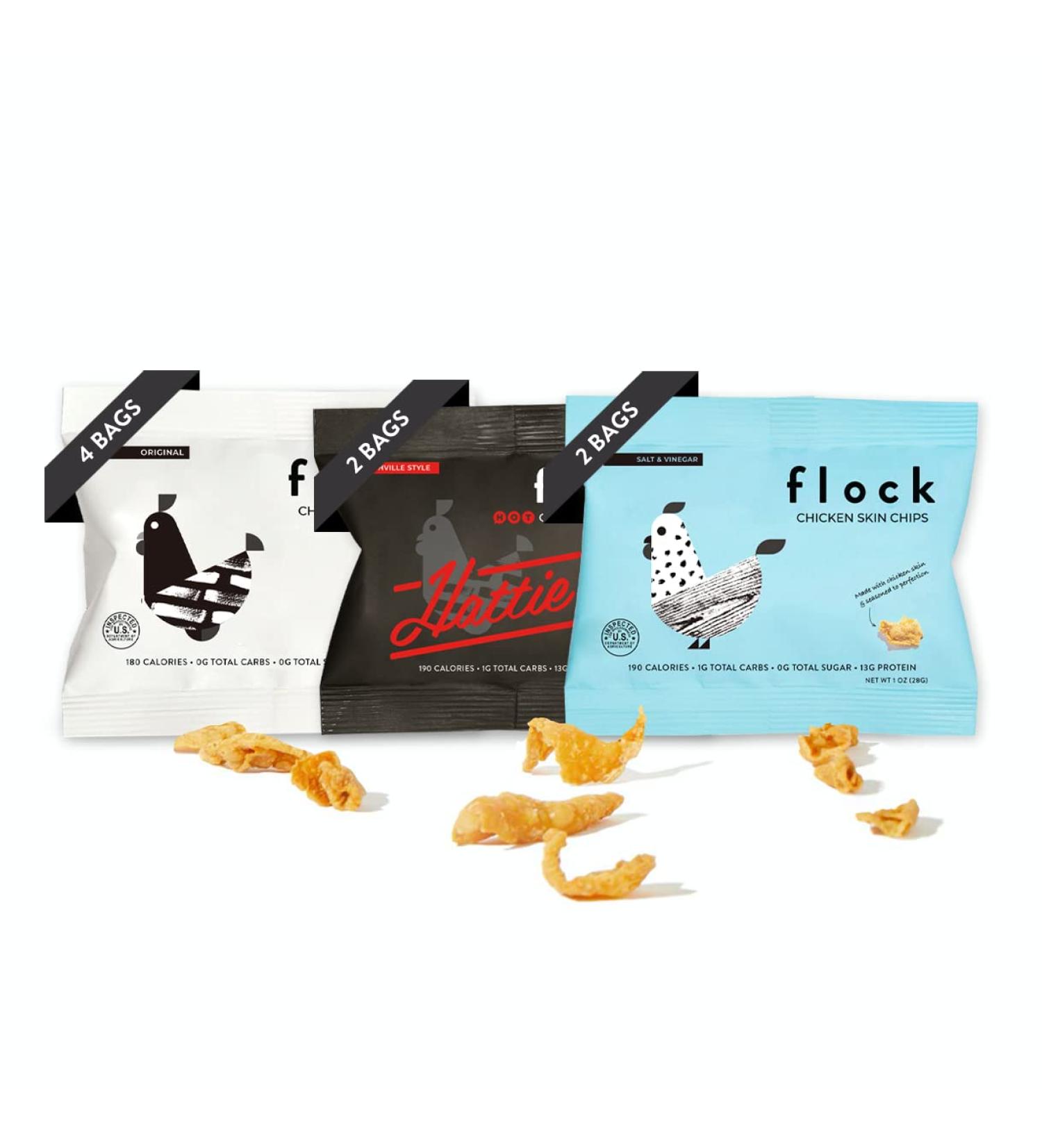 Flock Keto Chicken Skin Chips Variety Pack - Original, Salt and Vinegar, Hattie B's Nashville Hot - Keto Friendly, Low Carb, High Protein Snack - 1 oz Each (Pack of 8) - Buy Online on GoSupps.com