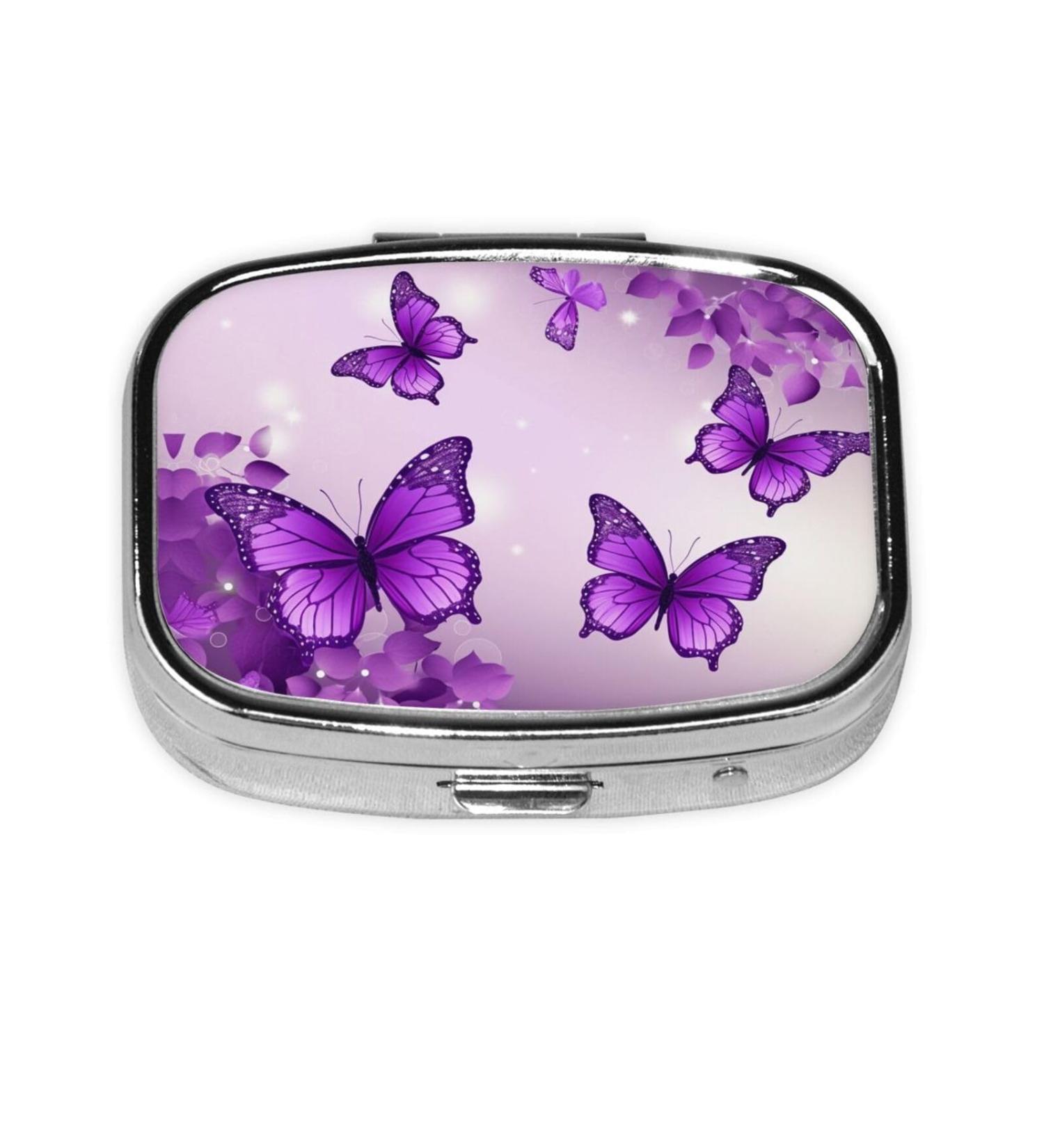 Purple Butterflies 2 Compartment Small Pill Case | Cute Travel Pill Box Organizer for Purse & Gifts - Buy Online on GoSupps.com