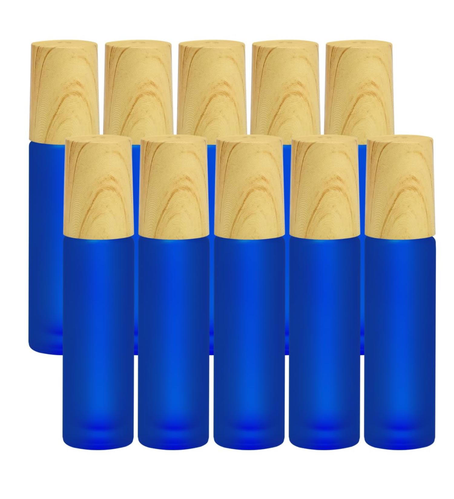 Frosted Glass Essential Oil Roller Bottles 10pcs - Dark Blue, Wood Grain Cap, Stainless Steel Roller Balls - 10ml Empty Perfume Bottles - Buy Online on GoSupps.com