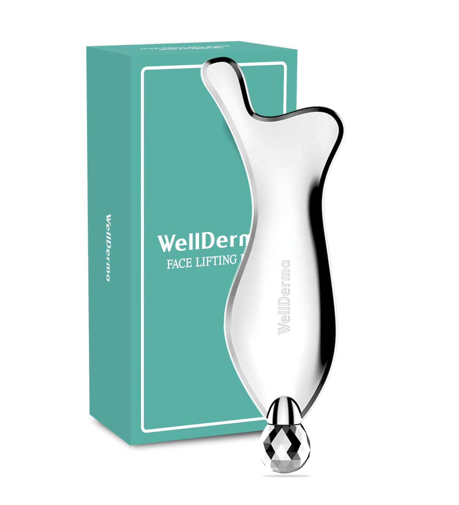 WELLDERMA Stainless Steel 2 in 1 Gua Sha & Face Roller Tool | Reduce Puffiness Lymphatic Drainage & Facial Tension | Durable & Travel-Friendly - Buy Online on GoSupps.com