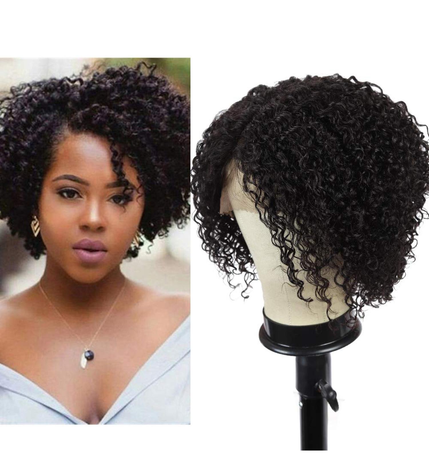 WIGENIUS 12 Short Kinky Curly Human Hair Wig for Black Women - Natural Hairline, Brazilian Lace Front Wig in Natural Black Color - Buy Online on GoSupps.com