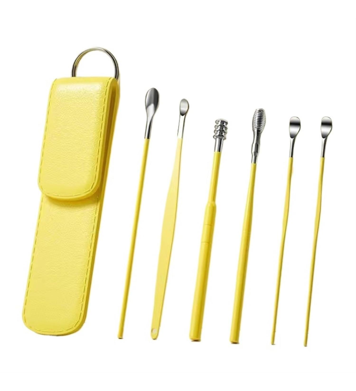 6-Piece Earwax Removal Kit | Stainless Steel Ear Cleaning Tools | 360 Spiral Design Ear Canal Cleaner | Travel-Friendly with Storage Box | Light Luxury Style in Lemon Yellow - Buy Online on GoSupps.com