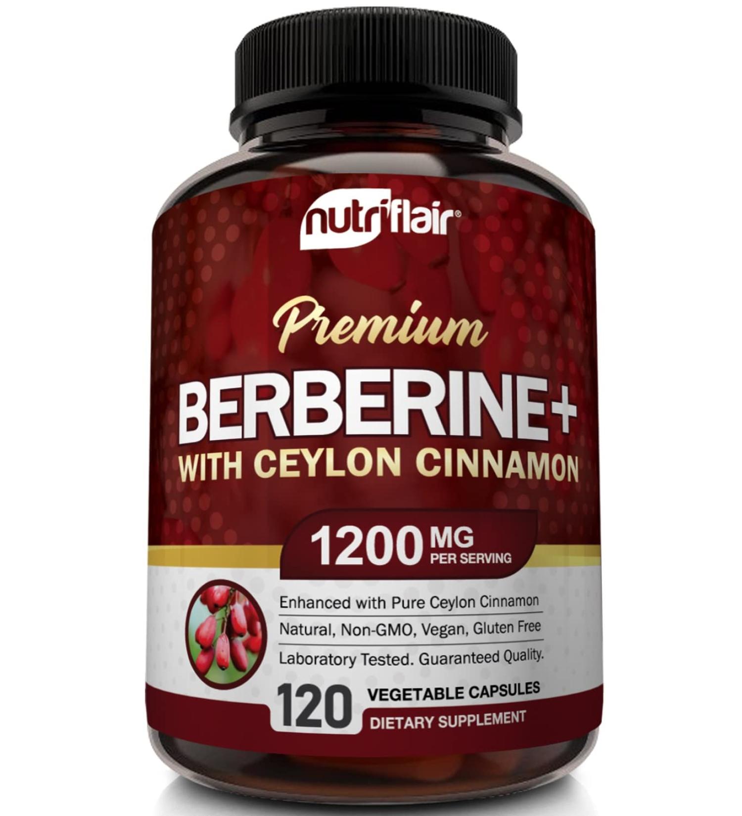 NutriFlair Berberine HCL 1200mg Capsules with Ceylon Cinnamon - Supports Glucose Metabolism & Healthy Weight Management - 120 Count - Buy Online on GoSupps.com
