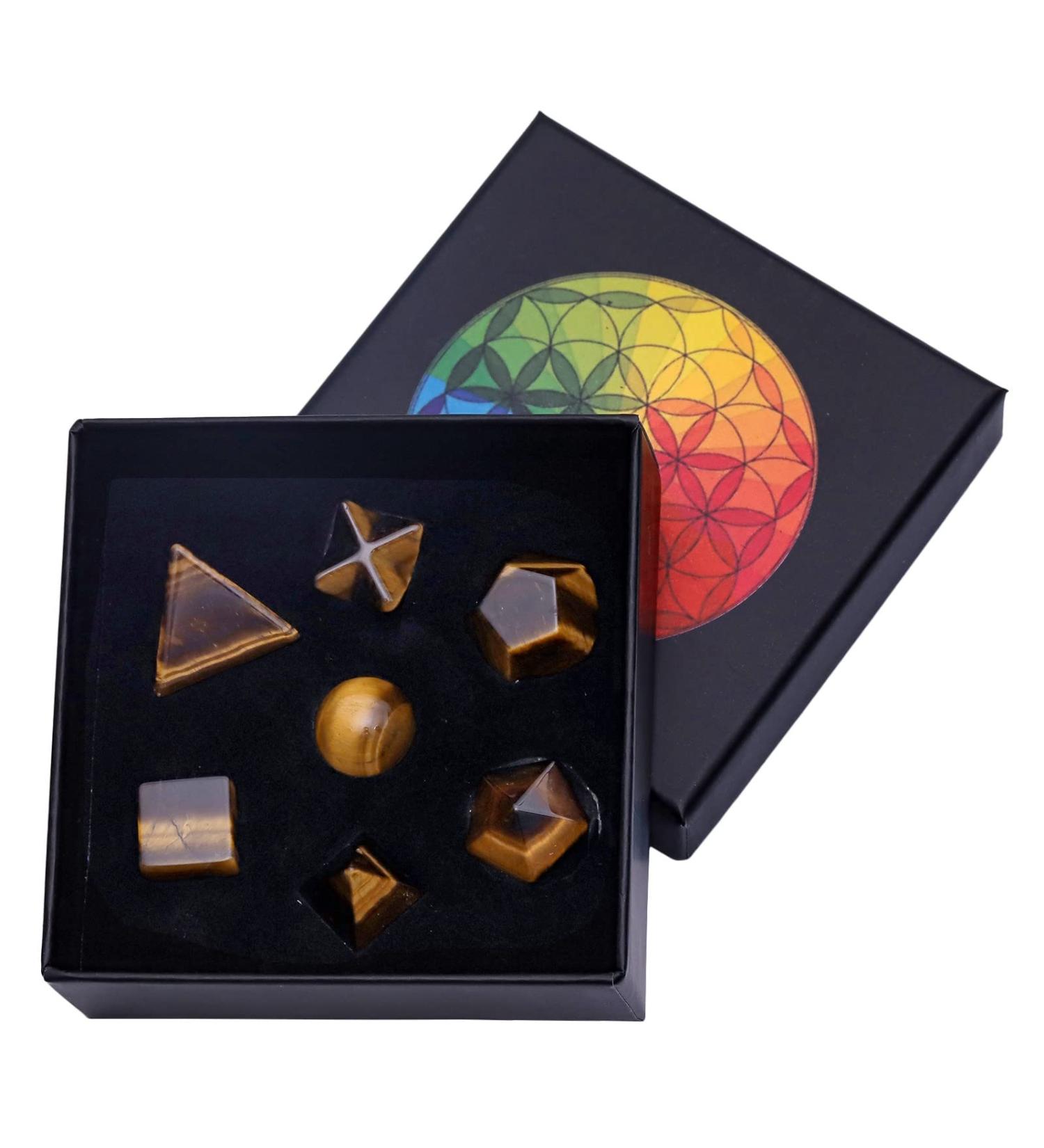 Nupuyai 7 Pieces Tiger Eye Platonic Solids Set | Sacred Geometry & Reiki Healing Crystals in Gift Box | Brown Healing Stones for Spiritual Growth - Buy Online on GoSupps.com