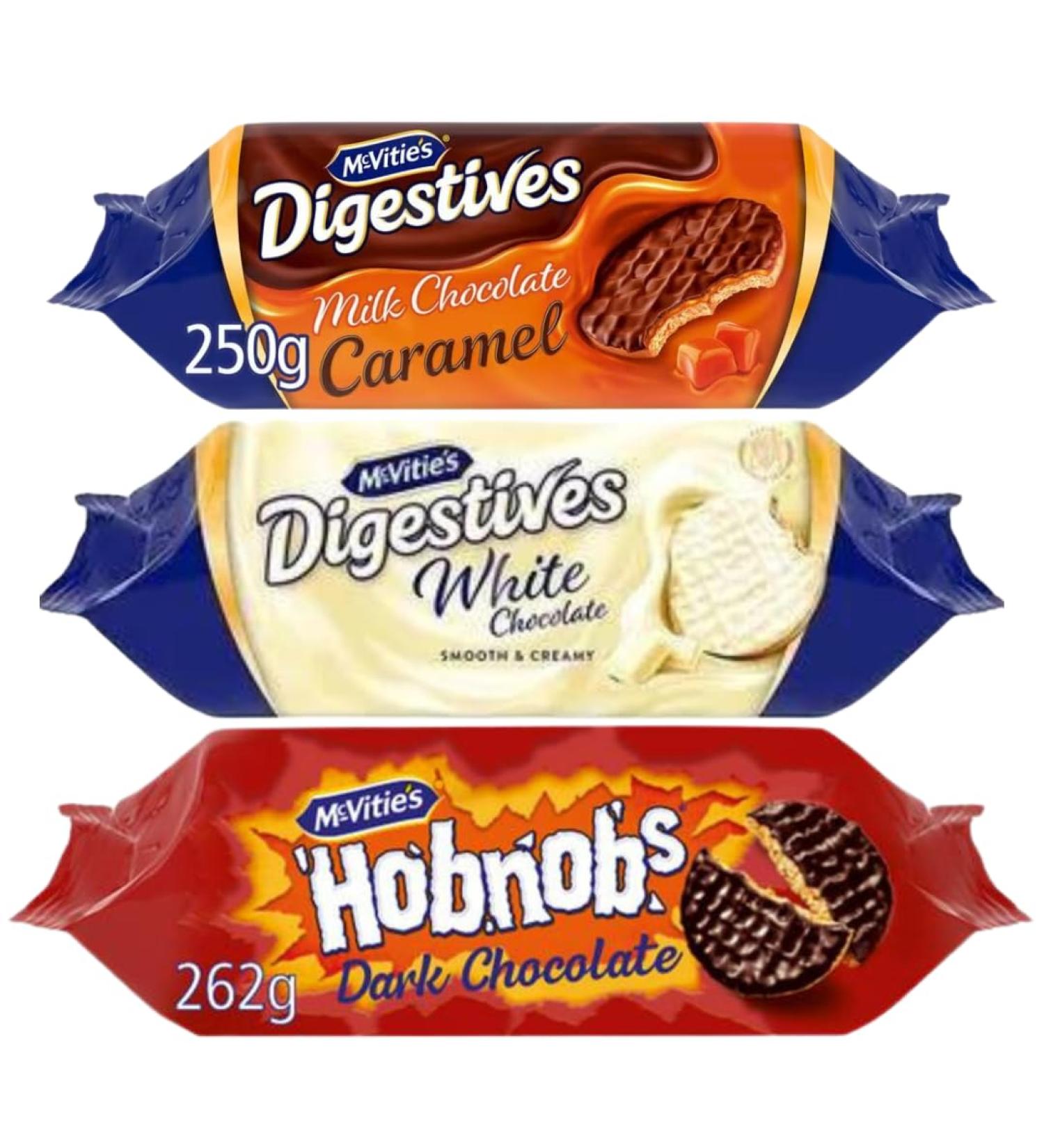 Chocolate Biscuit Bundle with Hobnobs Dark Chocolate 262g Milk Chocolate Caramel Digestives 250g & White Chocolate Digestive Biscuits 266g (3 Packs) - Buy Online on GoSupps.com