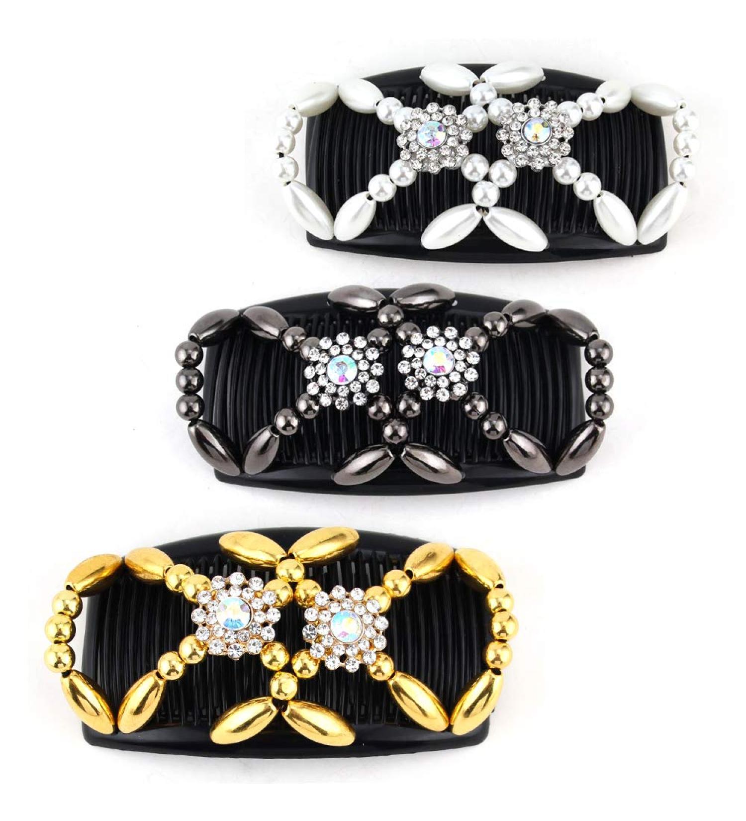 Kitchen-dream Magic Beads Hair Comb Set - 3pcs Elastic Double Clips for Women and Girls Hairstyling - DIY Hair Accessory Tool - Buy Online on GoSupps.com