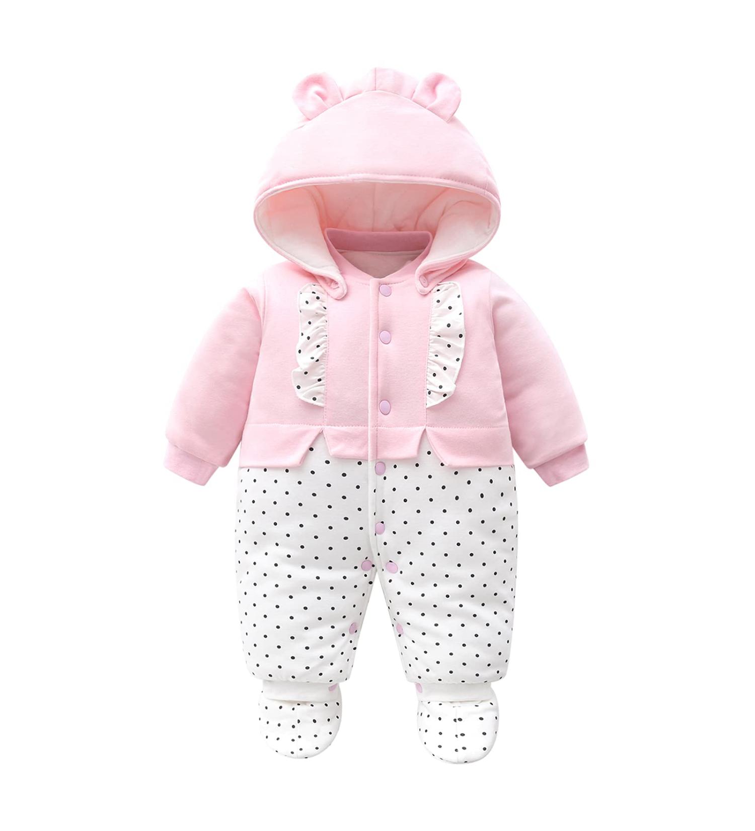 Baby Girls Snowsuit Romper with Detachable Hood, Footies, and Warm Cotton Material - Pink Winter Outfit for Newborn (9-12 Months) - Buy Online on GoSupps.com