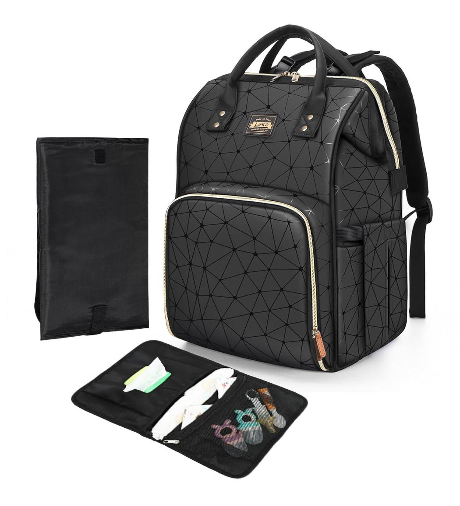 Shop Lekespring Waterproof Baby Changing Bag | Large Diaper Bag with Foldable Pad & Stroller Belts - Black - Buy Online on GoSupps.com