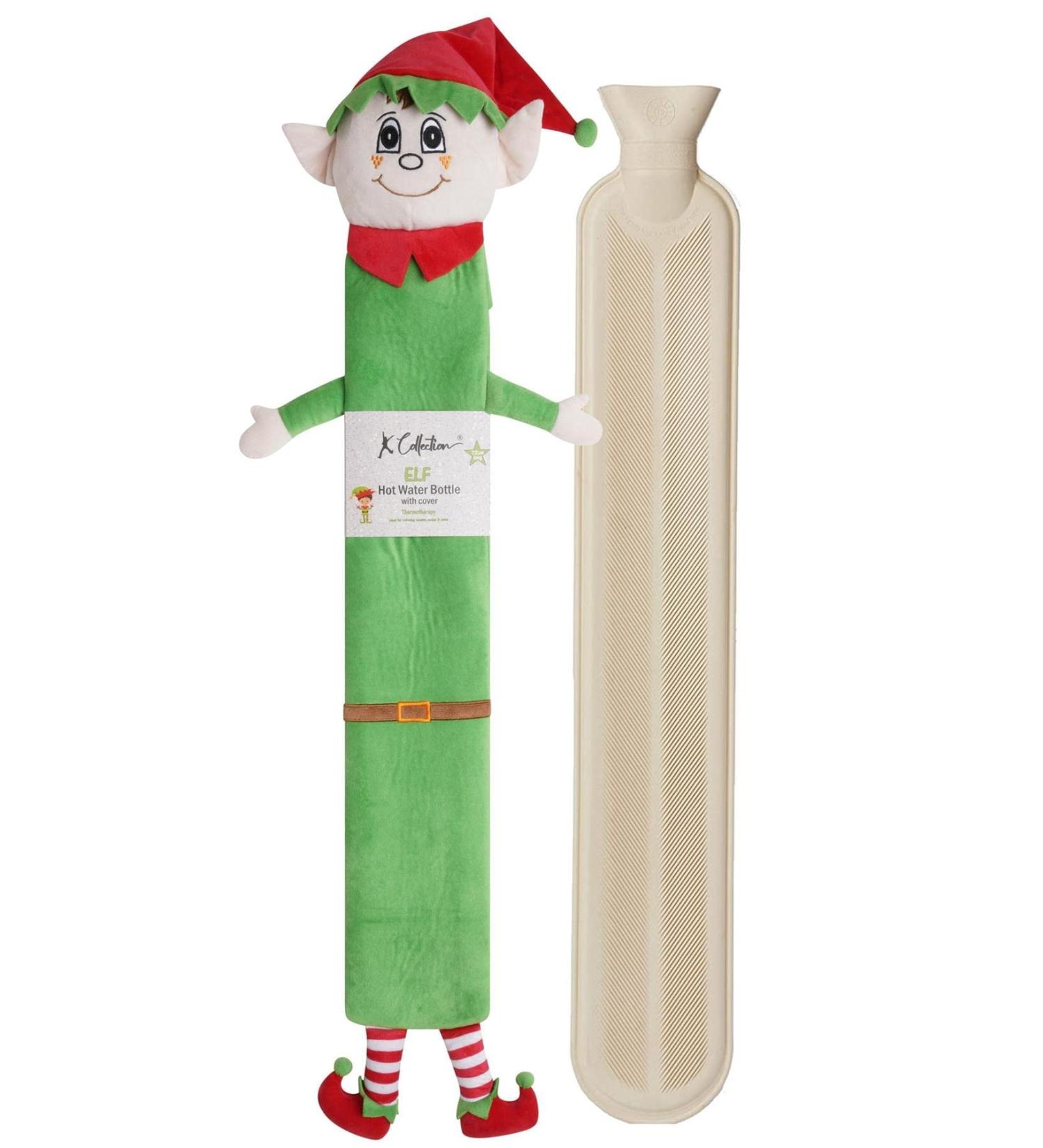 Extra Long Elf Hot Water Bottle with Plush Cover - 2L Capacity for Pain Relief | 72cm Long Natural Rubber - Green - Buy Online on GoSupps.com
