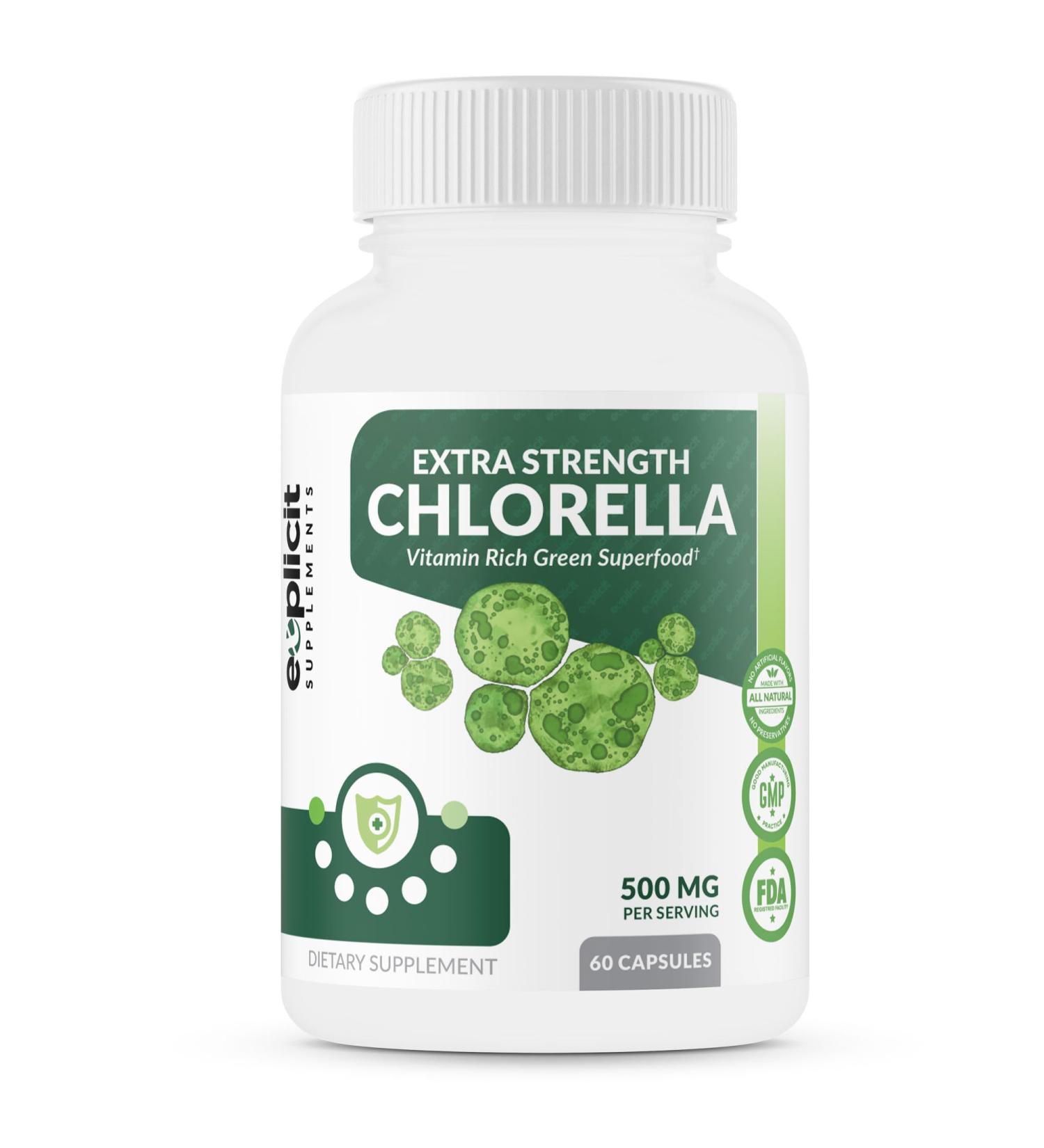 eXplicit Supplements Extra Strength Chlorella Superfood Capsules Broken Cell Wall High Potency Vegan Super Food 1000mg Daily - 60 Capsules - Buy Online on GoSupps.com