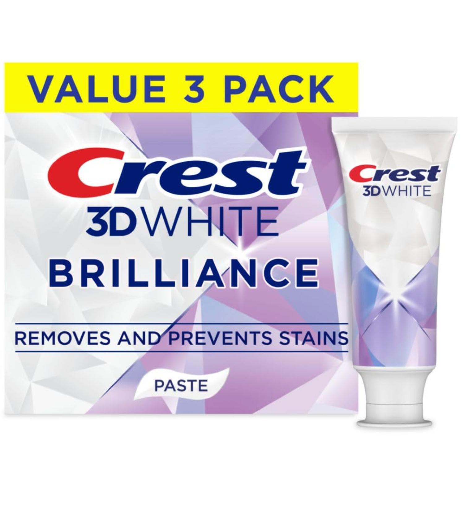 Crest 3D White Brilliance Bright Mint Teeth Whitening Toothpaste, 4.3 oz Pack of 3, 100% More Surface Stain Removal, 24 Hour Active Stain Prevention, Whiter Teeth in 3 Days - Buy Online on GoSupps.com