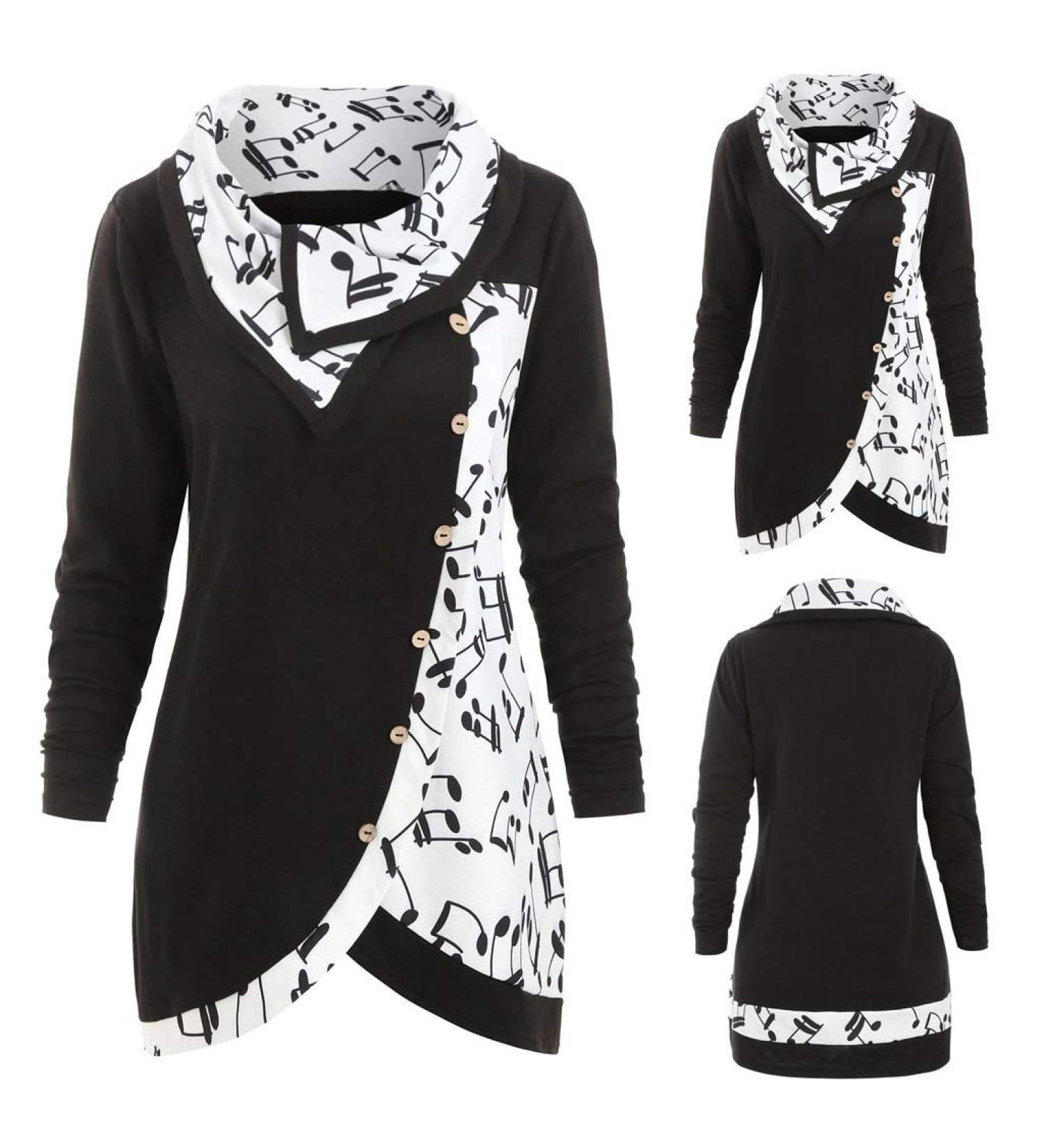 Bigfanshu Womens Sweatshirt Black Neck Musical Notes Turtleneck Tartan Tunic Pullover Tops