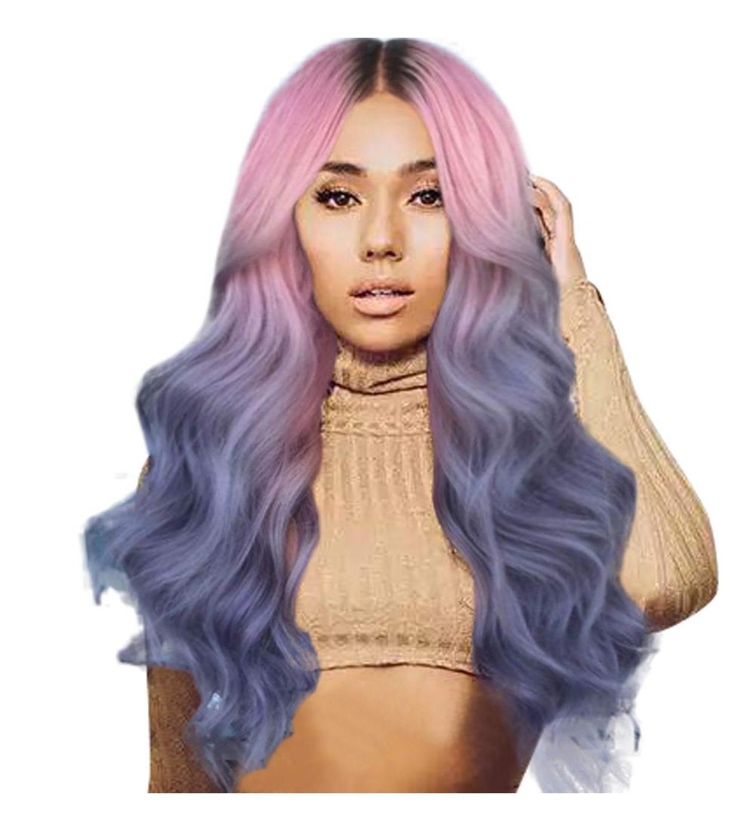 Battnot 28'' Synthetic Full Wig for Women - Long Curly Straight Hair in Gold Pink & Purple - Ideal for Cosplay & Parties - Buy Online on GoSupps.com