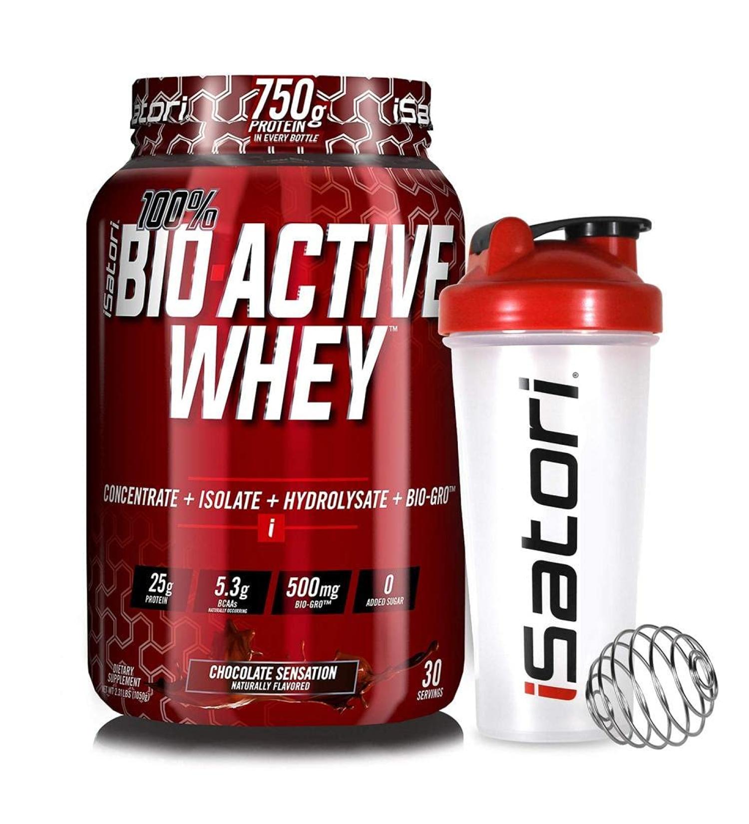 iSatori Bio-Active Whey Powder Chocolate Sensation (30 Servings) & iSatori Classic Blender Bottle (Clear Bottle with Red Top) - Buy Online on GoSupps.com
