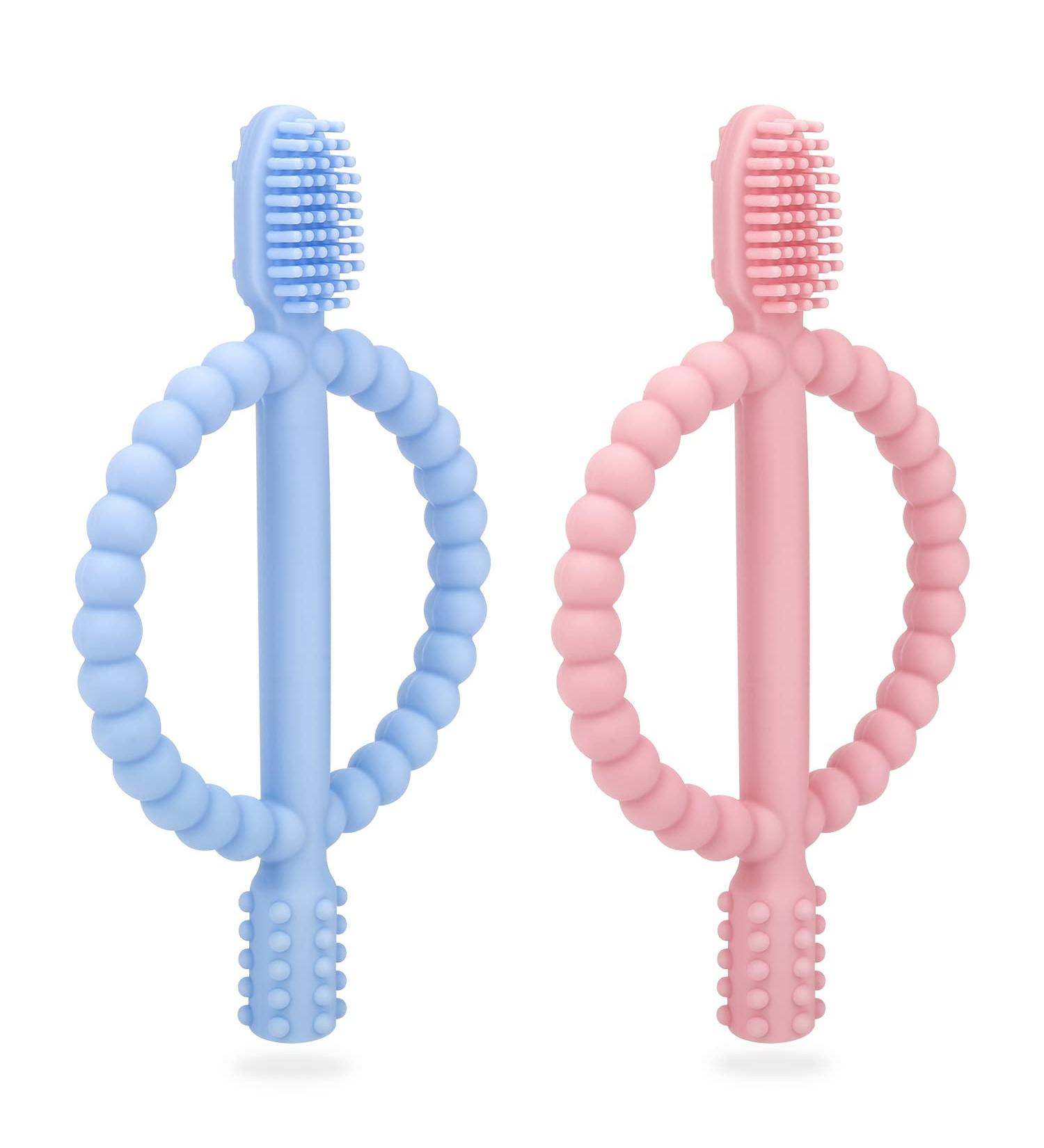 Buy BPA-Free Baby Biting Toys & Toothbrush Set - Soothing Silicone Teething Rings (Blue & Pink) for 3+ Months - Safe & Stimulating Gum Relief - Buy Online on GoSupps.com