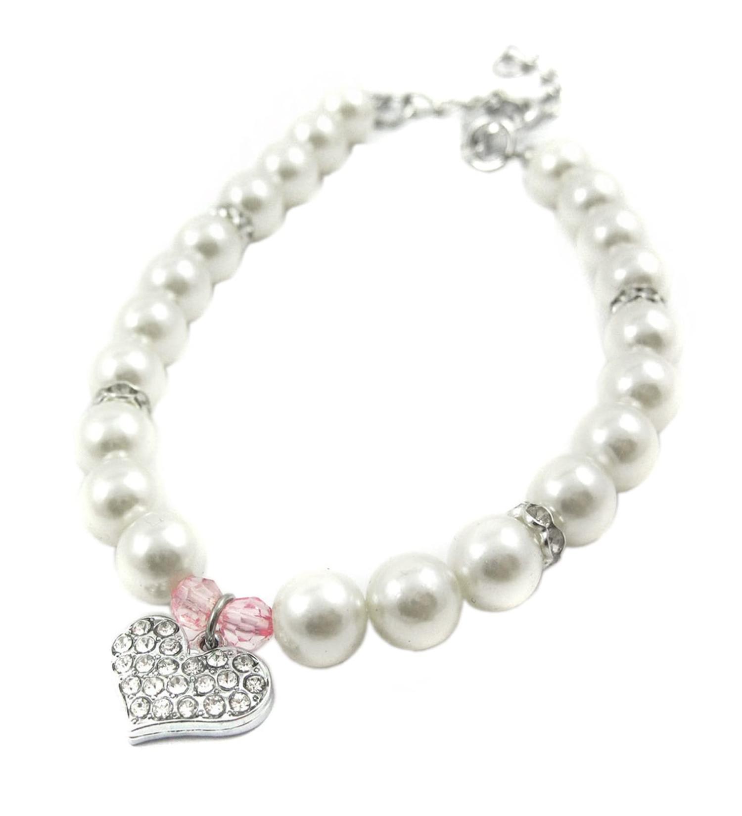 Alfie Pet Pinky Crystal Heart Pearl Necklace - Size L (12-14) for Large Dogs and Cats - Buy Online on GoSupps.com
