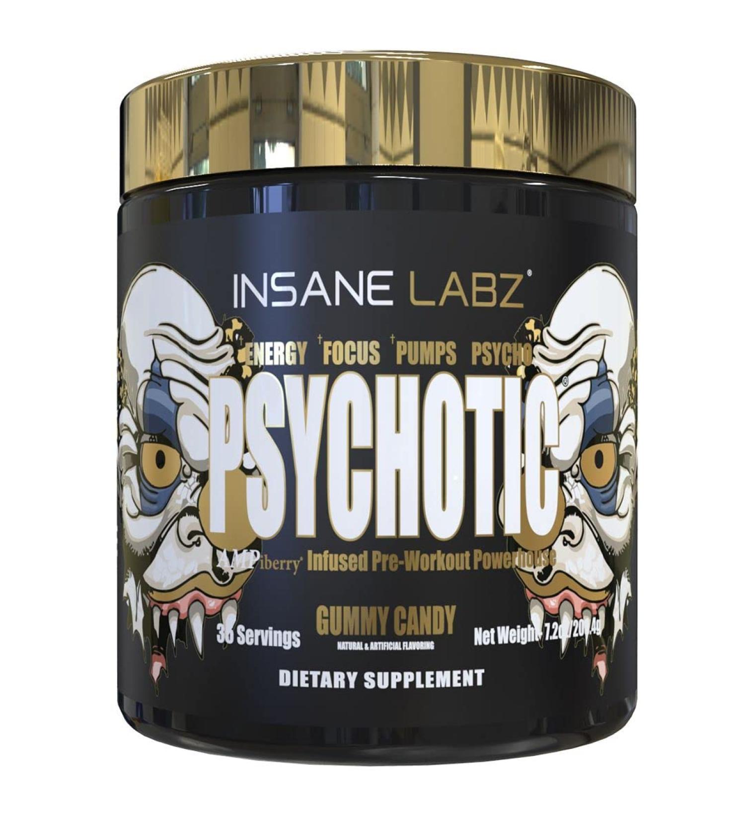Insane Labz Psychotic Gold  High Stimulant Pre Workout Powder  Extreme Lasting Energy  Focus  Pumps and Endurance with Beta Alanine  DMAE Bitartrate  Citrulline  NO Booster  35 Srvgs Gummy Candy 35 Servings - Buy Online on GoSupps.com