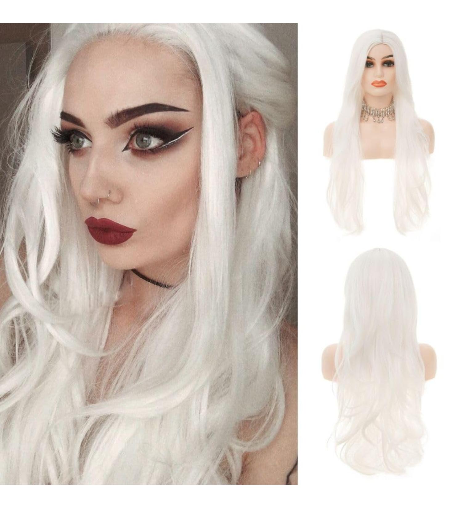 White Long Curly Wig for Women Wavy Synthetic Fiber Cosplay & Daily Wear - Buy Online on GoSupps.com