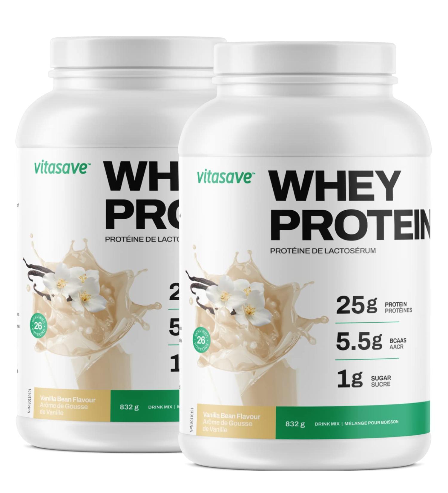 Whey Protein Powder by Vitasave 100% Whey Protein Powder 25g Protein Per Serving Grass-Fed Gluten-Free BCAAs Amino Acids - 26 servings 858g Tub (Vanilla Pack of 2) Vanilla Pack of 2 - Buy Online on GoSupps.com