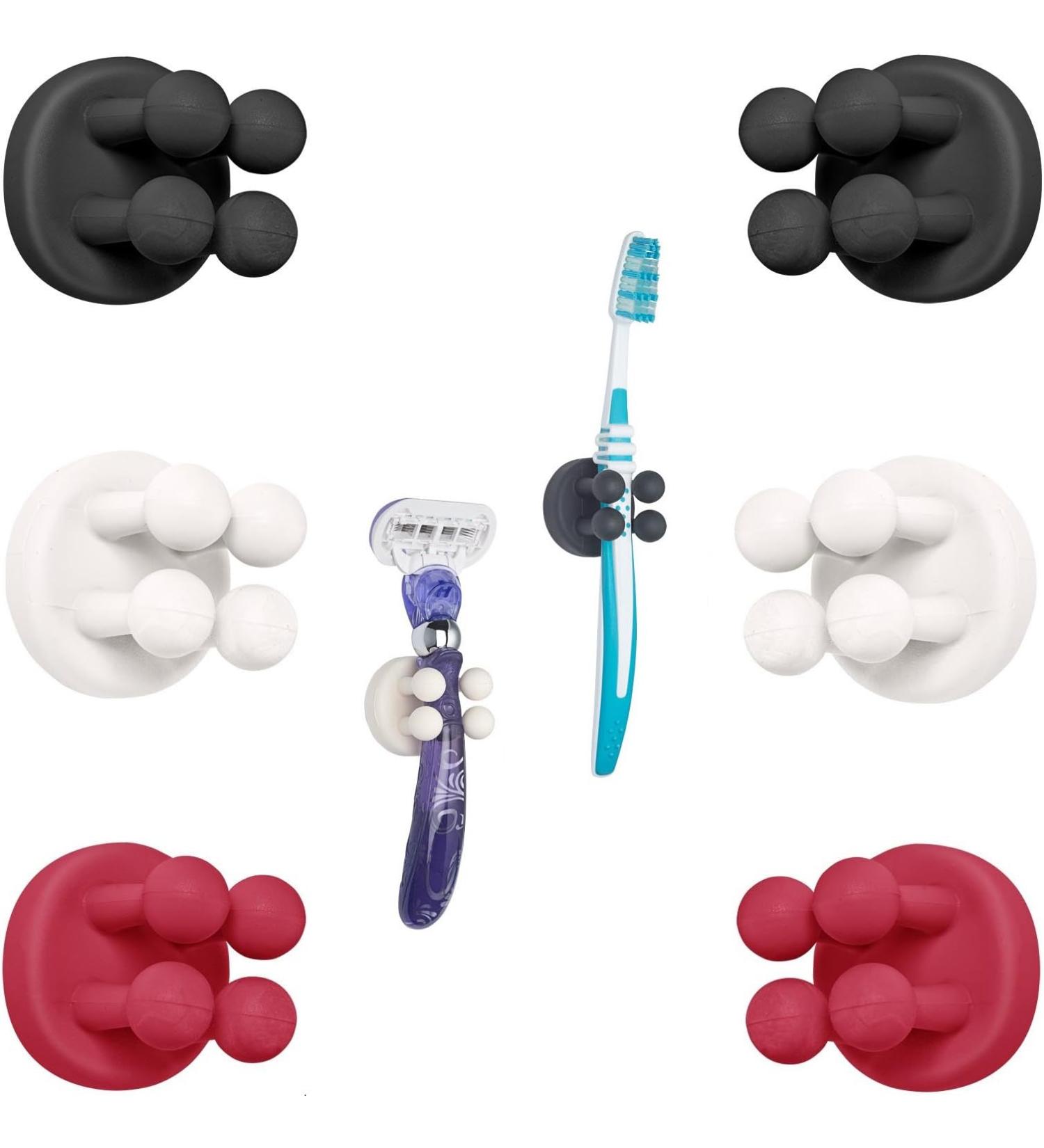 Tecbull Funny Hooks Toothbrush & Razor Holder | Self-Adhesive No Drill Shower Bracket | 12-Pack (6 Black/Red/White + 6 Replacement Pads) - Buy Online on GoSupps.com