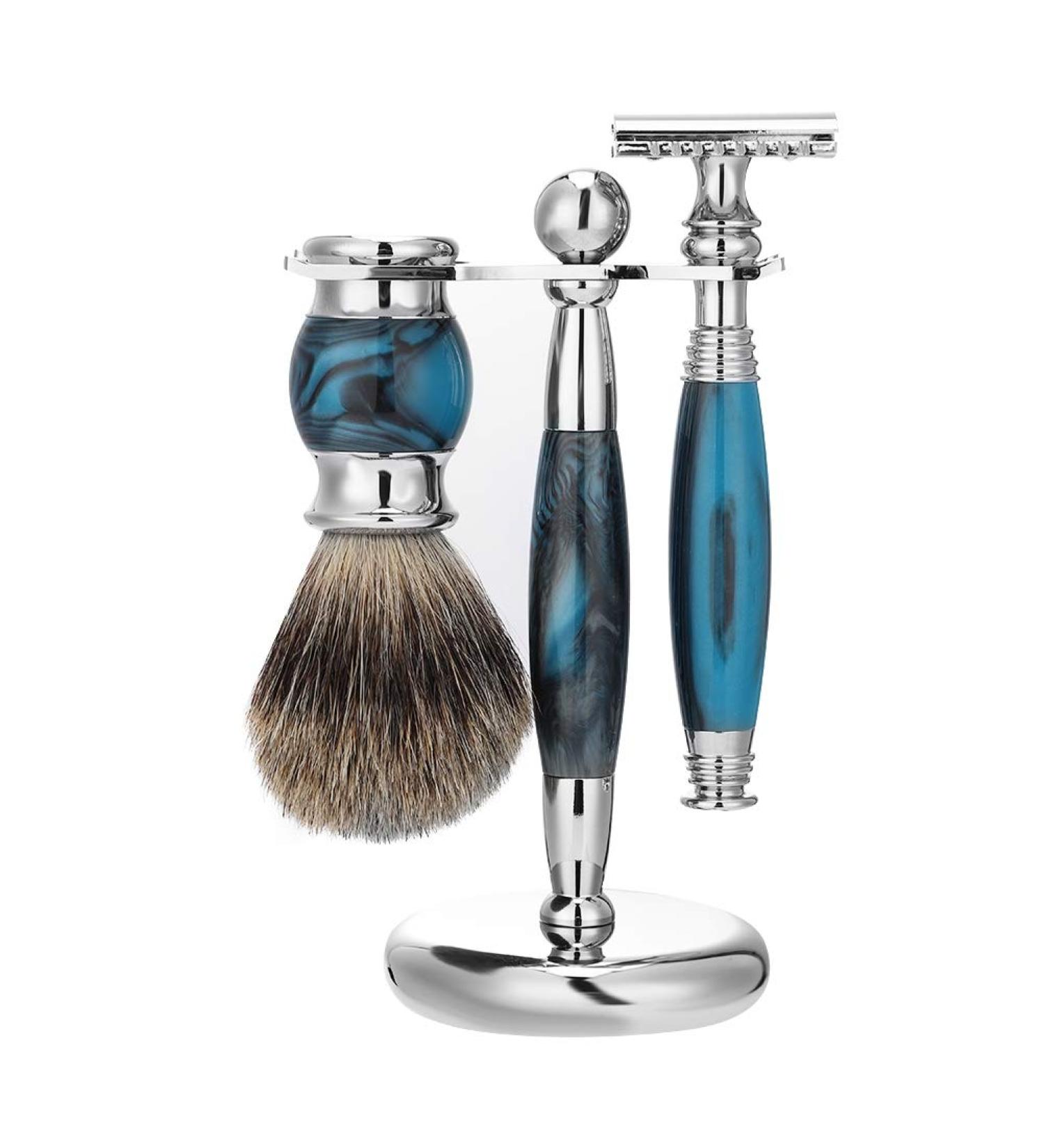 Premium Classic Men's Safety Razor Kit Double Edge Razor Set with Brush & Stand Holder (Blue) | Ultimate Shaving Experience - Buy Online on GoSupps.com
