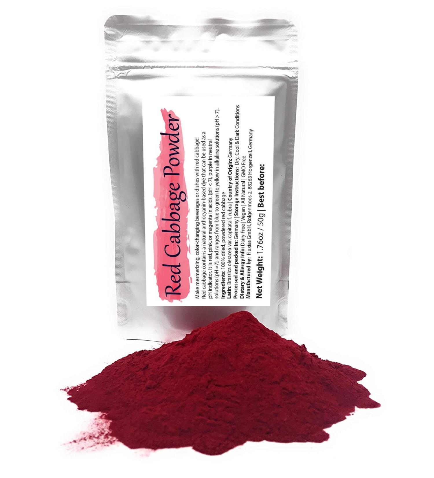 Red Cabbage Powder | Water Soluble Food Dye | Net weight: 1.76oz/50g - Amazing in the Kitchen or for Cocktails! Makes Colour-changing Beverages and Dishes in Red Or Magenta Pink Purple Blue - Buy Online on GoSupps.com