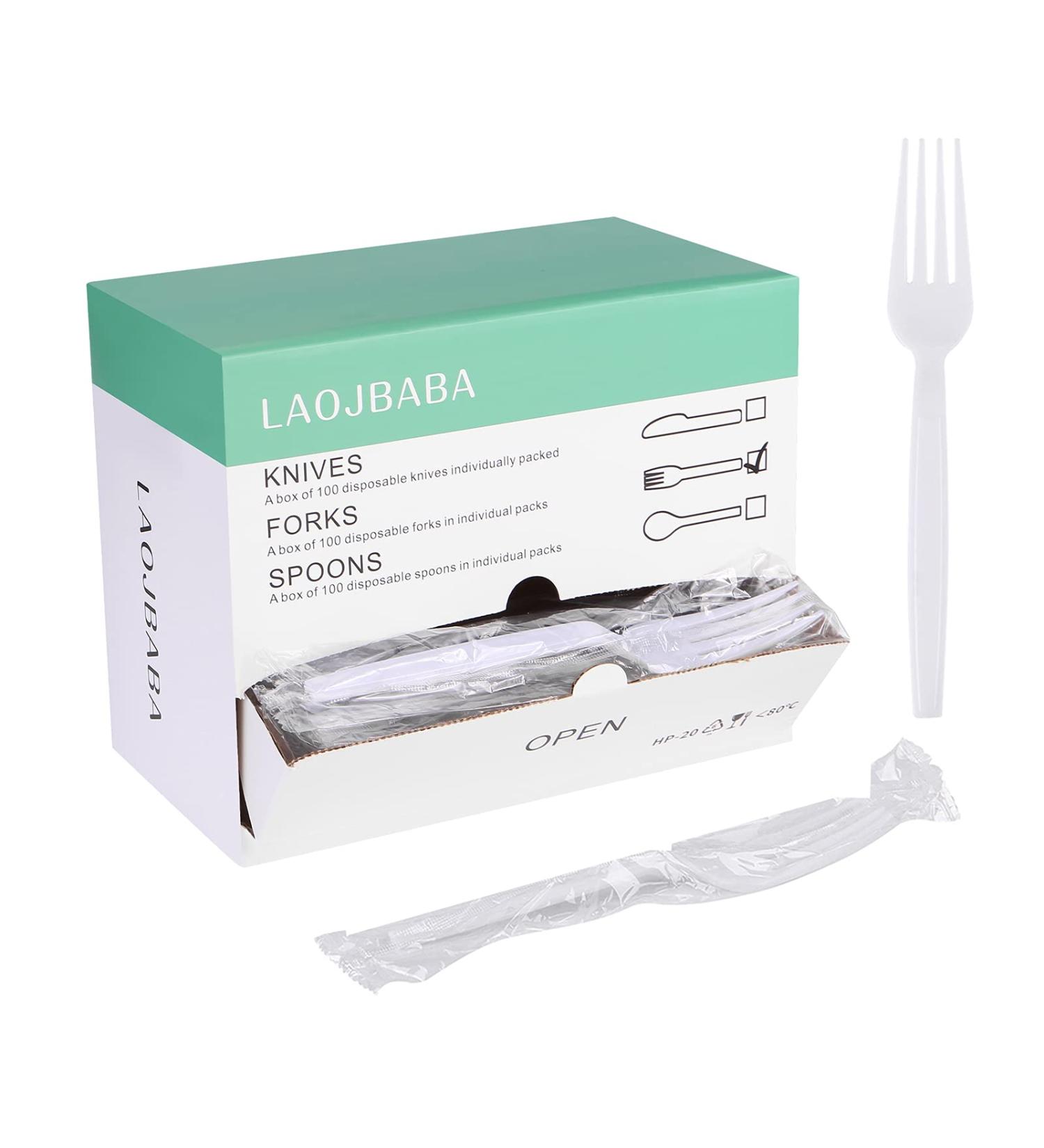 Laojbaba Disposable Plastic Forks 7-Inch White - 100 PCS Individually Wrapped Commercial Take Away Forks - Buy Online on GoSupps.com