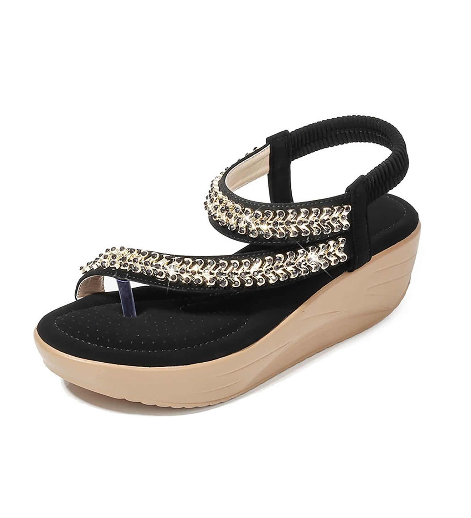 Summer Round Toe Sandals for Women - Fashion Platform Wedge Rhinestone Orthopedic Bunion Corrector - Soft Big Toe Foot Support - 24cm Black - Buy Online on GoSupps.com