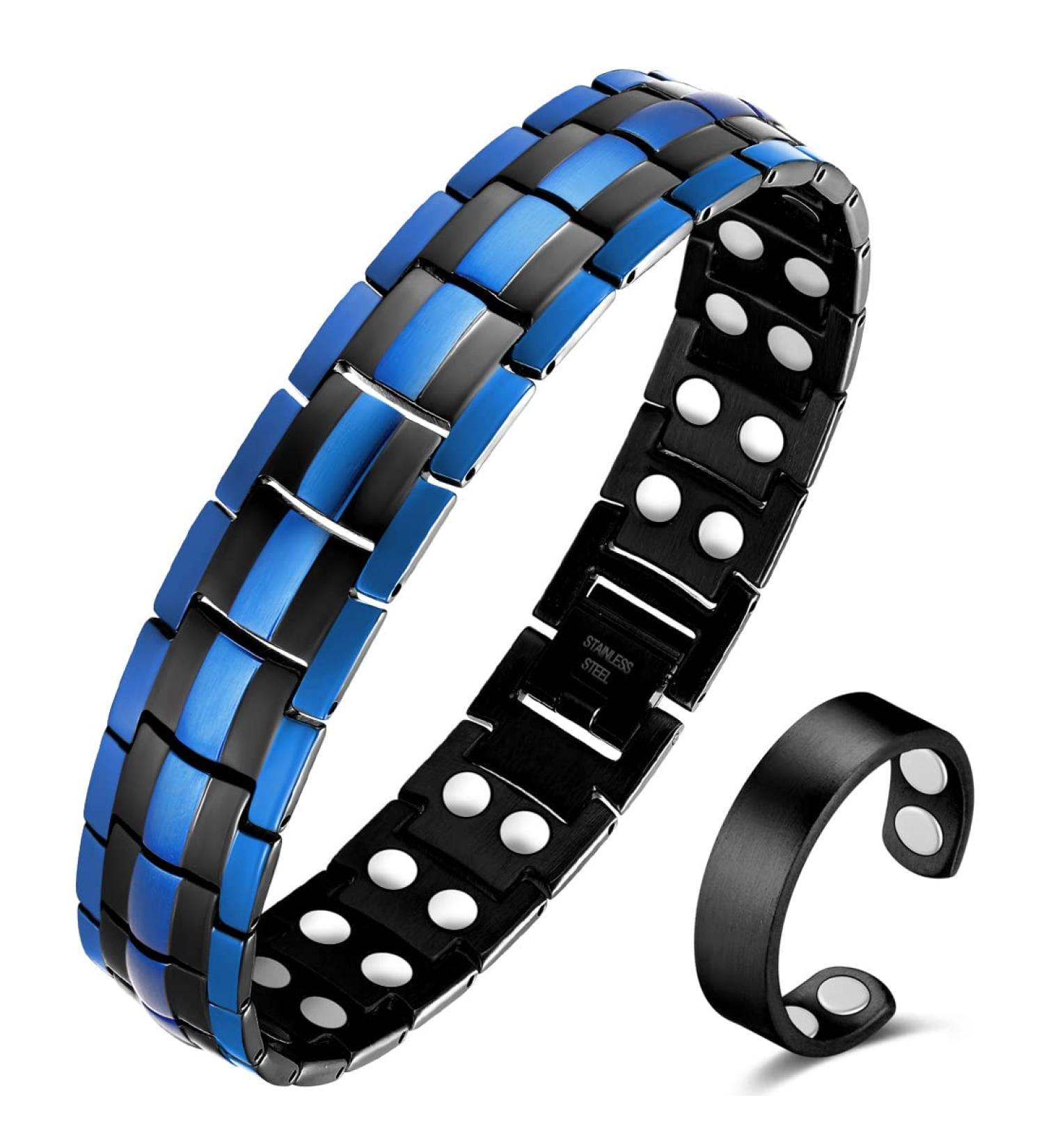 Vicmag Men Magnetic Bracelet: Titanium Steel Double Row 3500 Gauss Wristband (Blue) - Adjustable with Gift Box - Buy Online on GoSupps.com