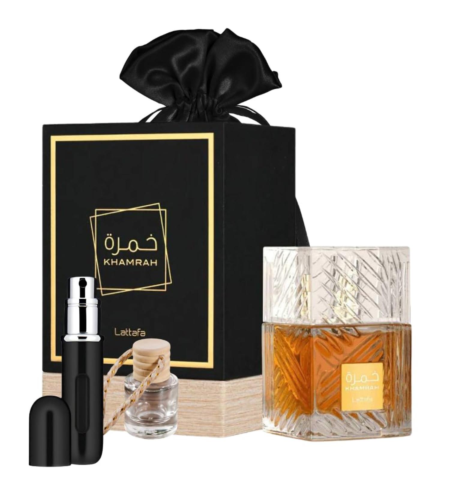 Lattafa Khamrah 3.4oz Eau de Parfum Bundle with 5ml Refillable Atomizer Refillable Car Freshener and Satin Gift Bag - Buy Online on GoSupps.com