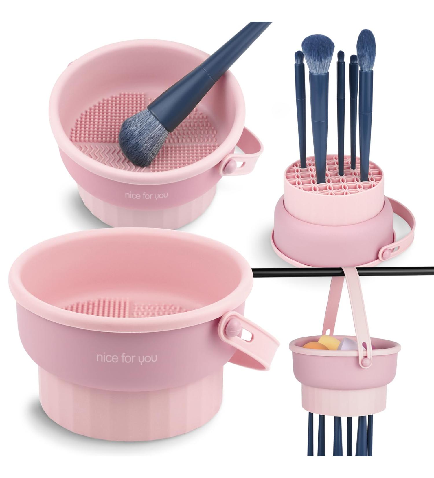 Buy 3 in 1 Silicone Makeup Brush Cleaner Mat & Bowl Drying Holder & Scrubber Tool for Easy Cleaning & Storage (Pink) | Fast International Shipping - Buy Online on GoSupps.com