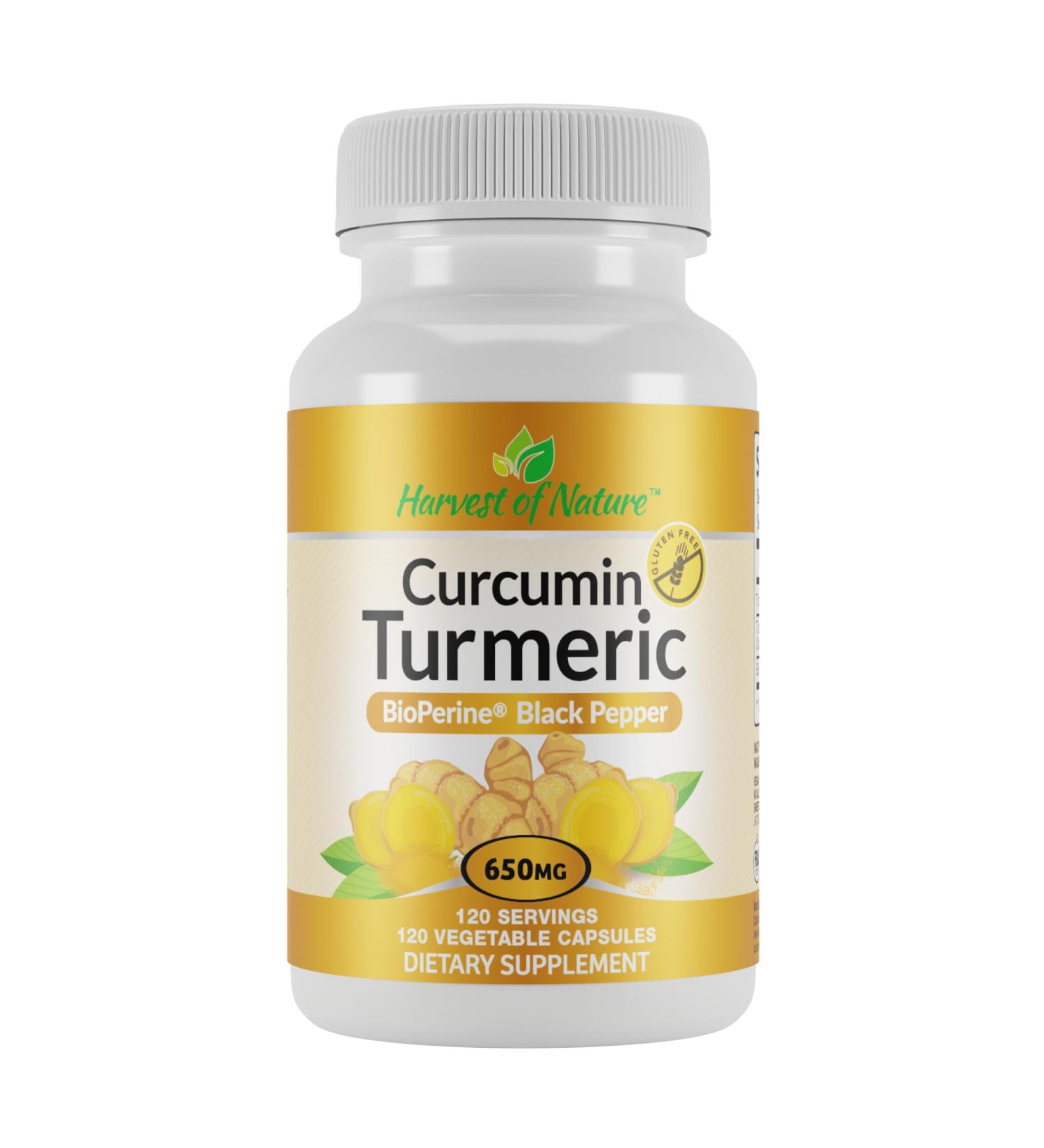 Harvest of Nature Organic Turmeric 650mg 50mg Curcuminoids with BioPerine Black Pepper High Absorption Curcumin Supplement for Joint & Immune Support Vegan Non-GMO 1 Pack (120 Capsules) 120 Count (Pack of 1)