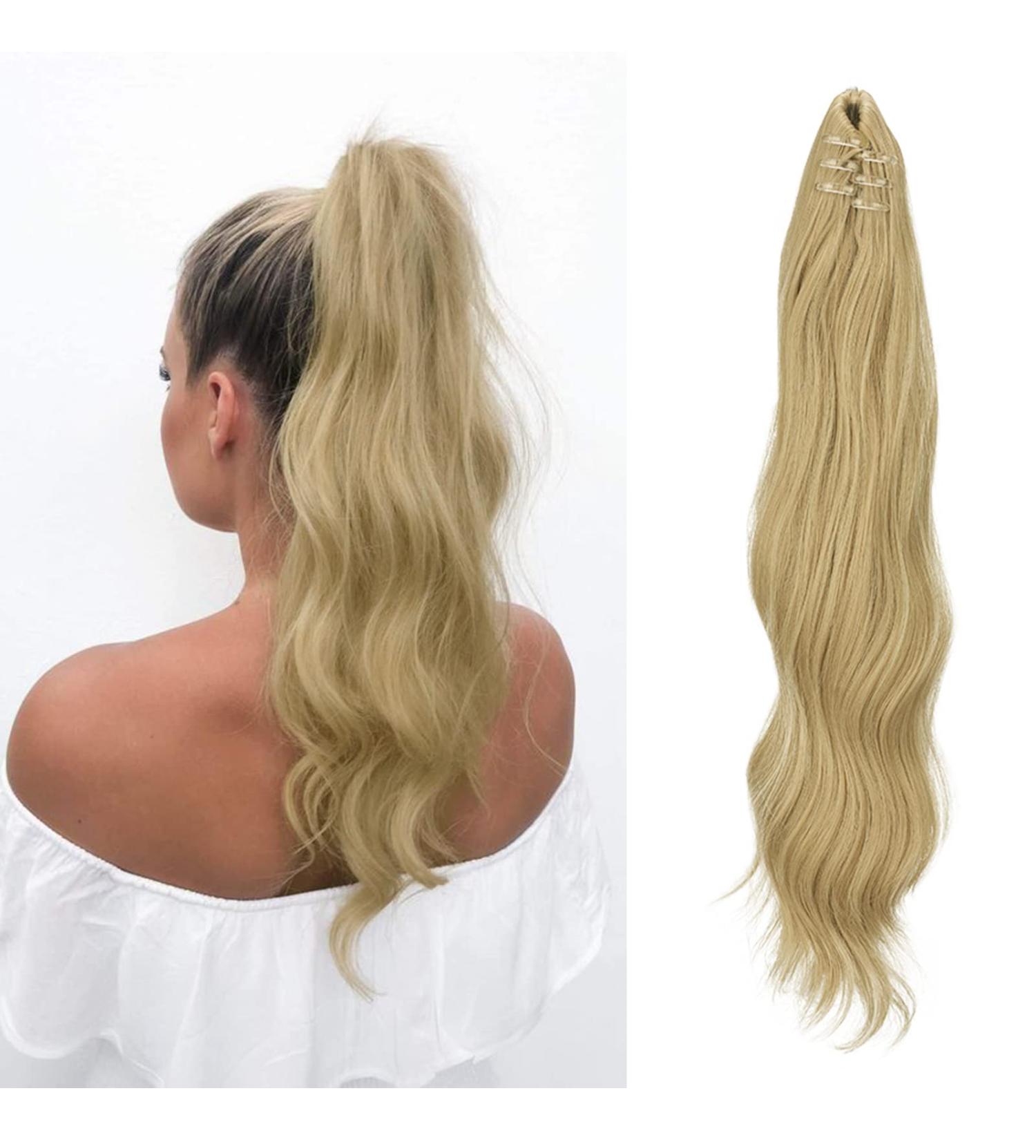 Feshfen 50cm Ponytail Extensions Clamp - Wavy Ash Blonde Hair Extensions for Women - Buy Online on GoSupps.com