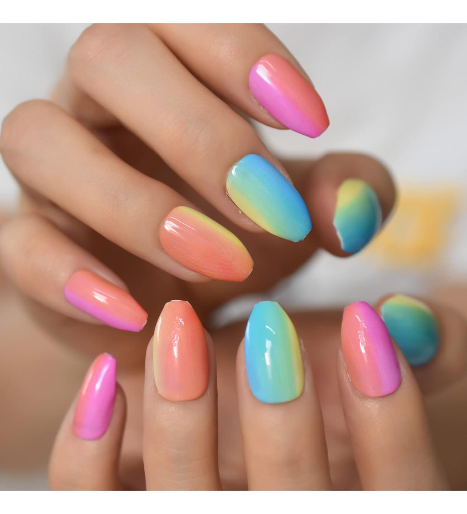 Buy Shiny Colorful Press On Nails | Ombr Rainbow Fake Nails Set - 24pcs Medium Size - Buy Online on GoSupps.com