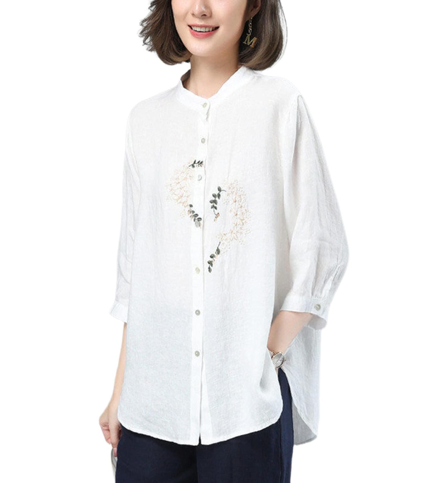 Bianstore Women's Cotton Linen Embroidered Blouse - White Small - Buy Online on GoSupps.com