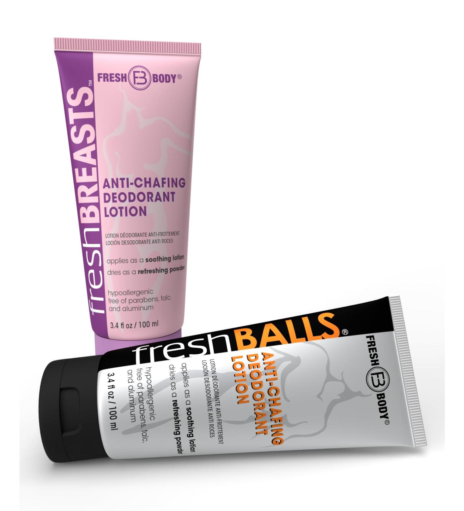 Fresh Breasts & Fresh Balls Anti-Chafing Lotion Duo for Women & Men 3.4 fl oz Soothing Deodorant Lotion Set Talc-Free Aluminum-Free Paraben-Free - Buy Online on GoSupps.com