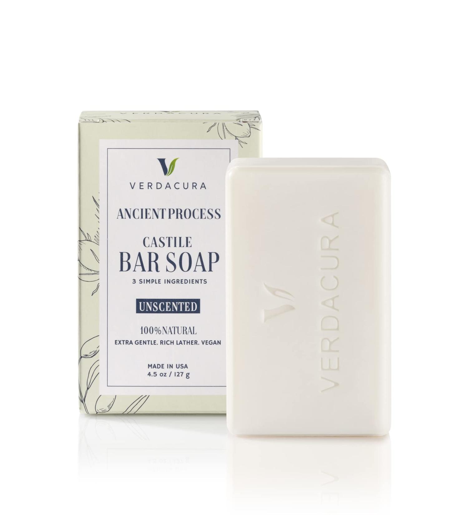 Verdacura Pure Castile Bar Soap - All Natural Vegan Soap for Face, Body, Hands - Ultra-Gentle & Biodegradable - Made in USA (Unscented 4.5 oz) - Suitable for Sensitive Skin - Buy Online on GoSupps.com