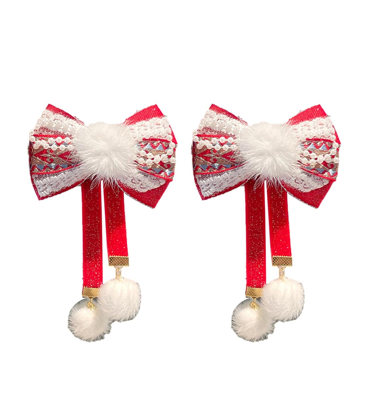 1 Pair Red Bowknot Hair Clip with White Fuzzy Pompoms Bunny Decoration Cute Chinese Style Women Girls Kids Spring Festival Hair - Buy Online on GoSupps.com