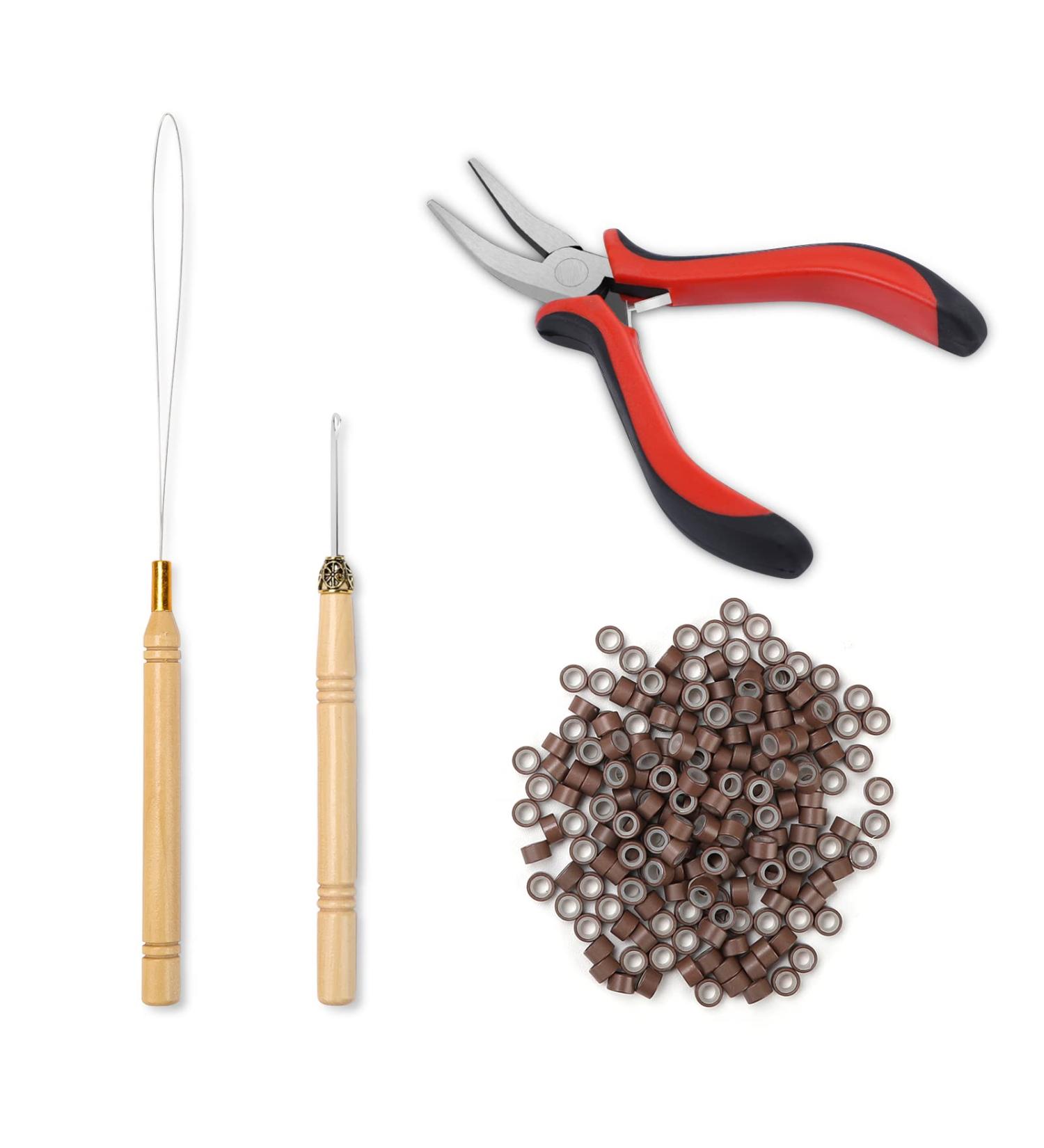 Professional Hair Extension Tools Kit with 200 Silicone Nano Beads - Hair Extension Pliers, Loop Threader - Brown - Buy Online on GoSupps.com