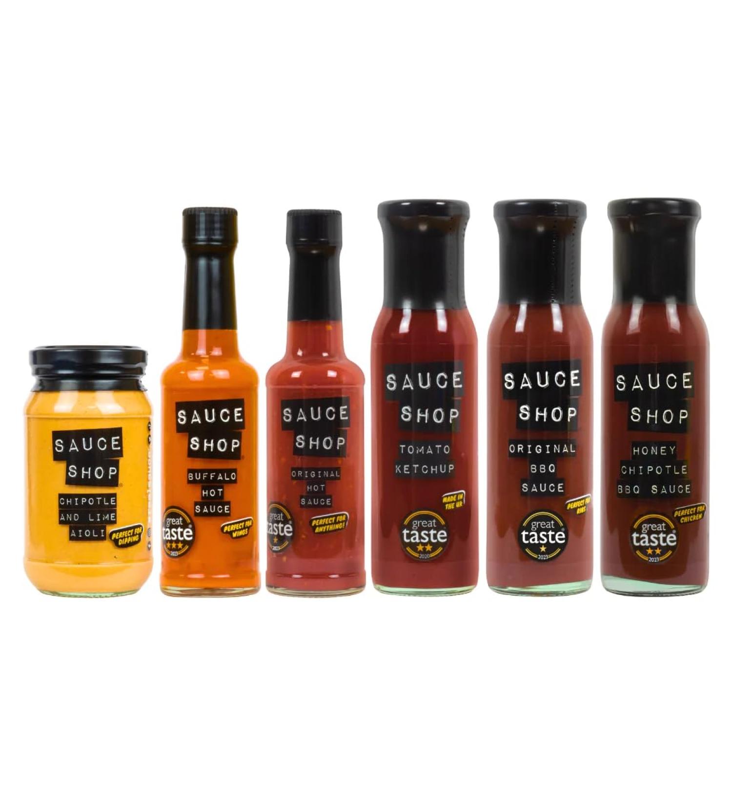 Sauce Shop - Bestseller Collection - 1x Tomato Ketchup 1 x Honey Chipotle BBQ Sauce 1x Buffalo Hot Sauce 1x Original Hot Sauce 1x Chipotle and Lime Aioli and 1x Original BBQ Sauce