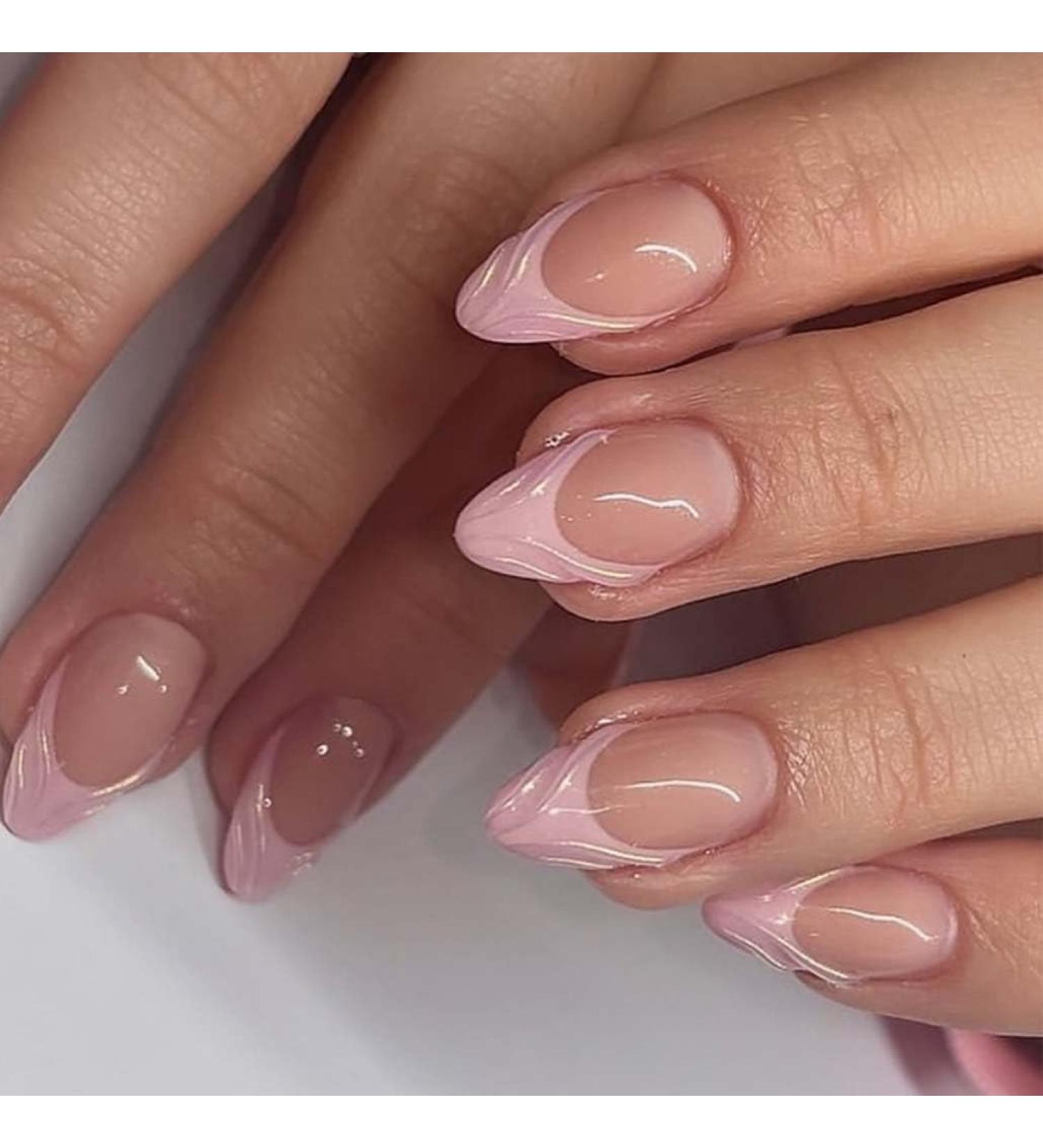 Foccna French Tip Press On Nails Almond - Short Acrylic Fake Nails with 3D Pink Design 24pcs Clear False Nail Tips for Stunning Manicure - Buy Online on GoSupps.com