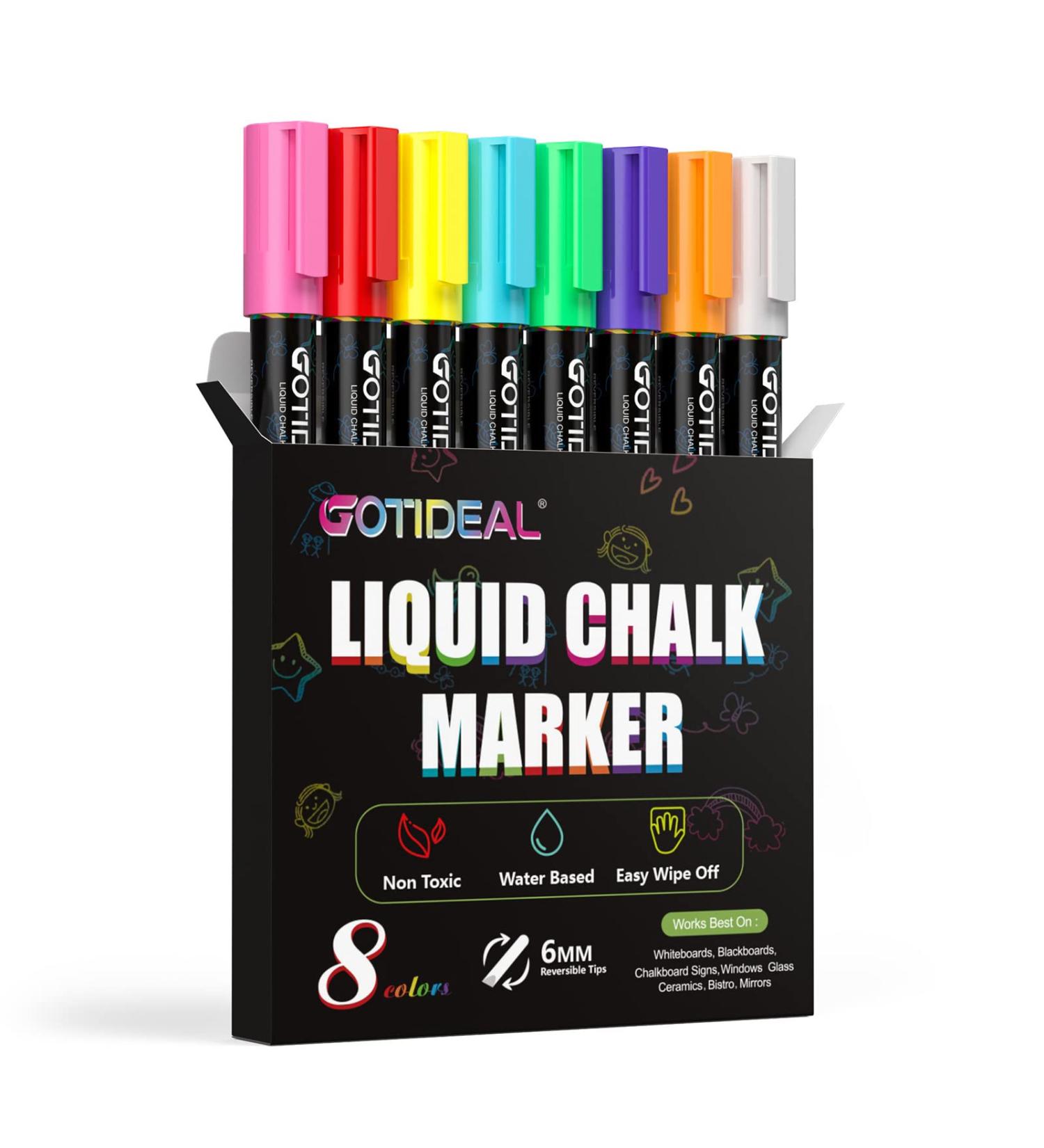 GOTIDEAL Liquid Chalk Markers - Bold Tip 8 Colors - Washable Window Chalkboard Glass Pens - Paint and Drawing for Car, Blackboard, Bistro - Non-Toxic Wet Erase - Reversible Tip 6mm - Adults & Kids - Buy Online on GoSupps.com